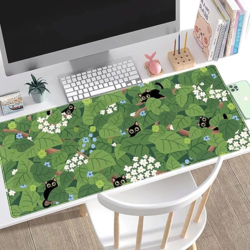 Miniatura 6 de Tapete de escritorio con diseño de hojas verdes, diseño de gato negro, diseño de gato negro, extendido, grande, para videojuegos, XXL, para