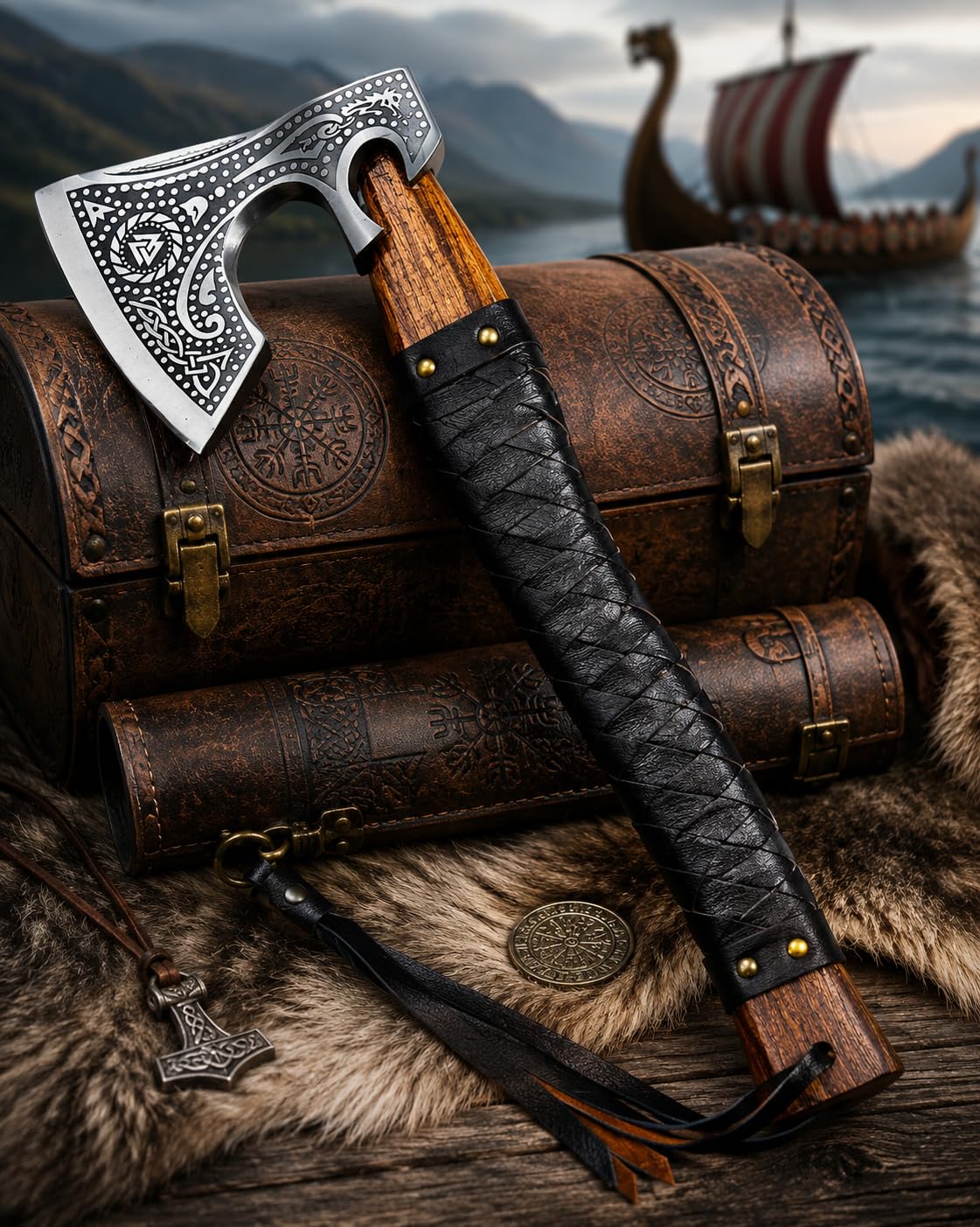 Wikinger Axt Valknut Gravur Handgeschmiedet + Lederscheide