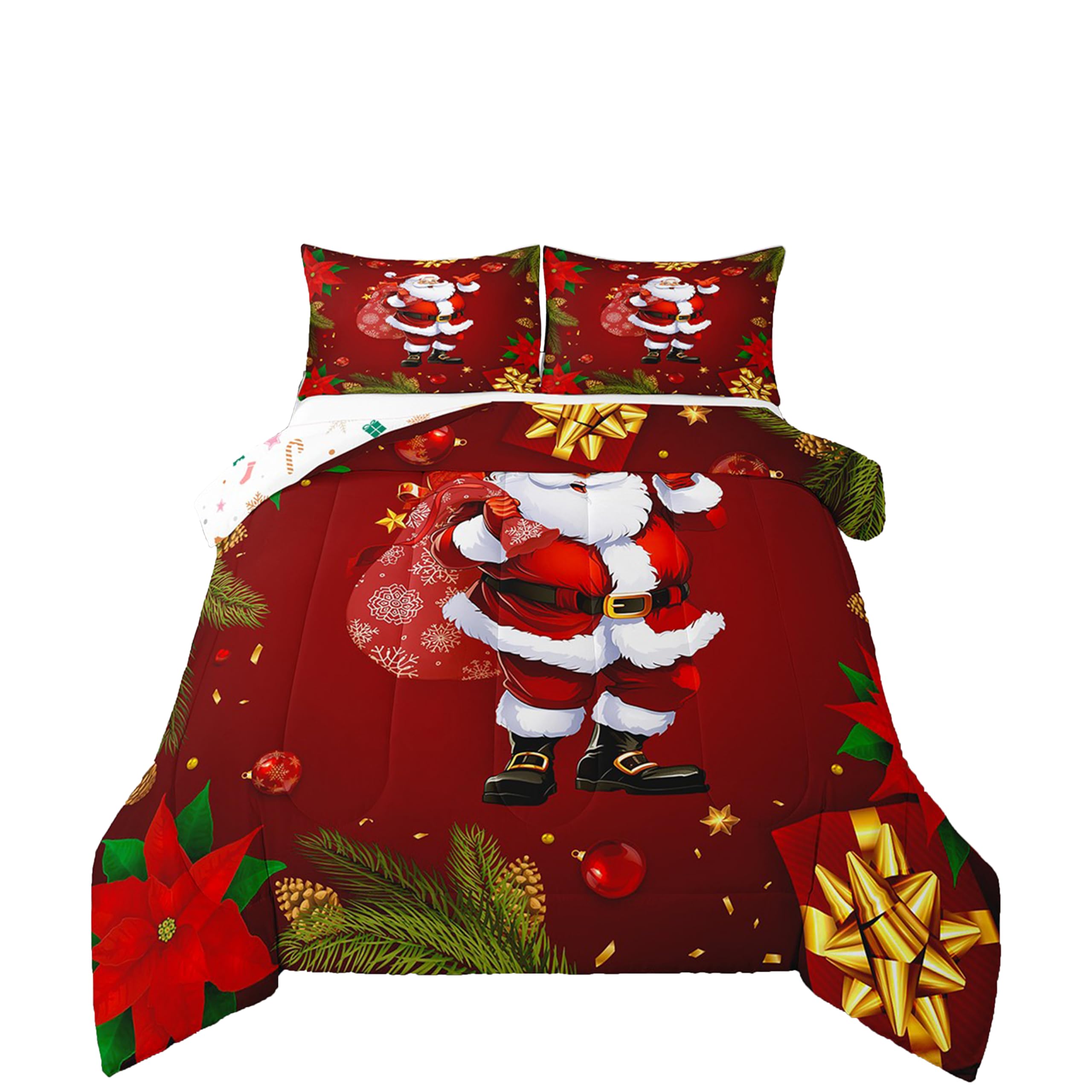 Erosebridal Santa Claus Comforter Set Queen for Kids, Boys Girls Merry Christmas Down Comforter Children Xmas Tree Bedding Set Snowflake New Year Gift