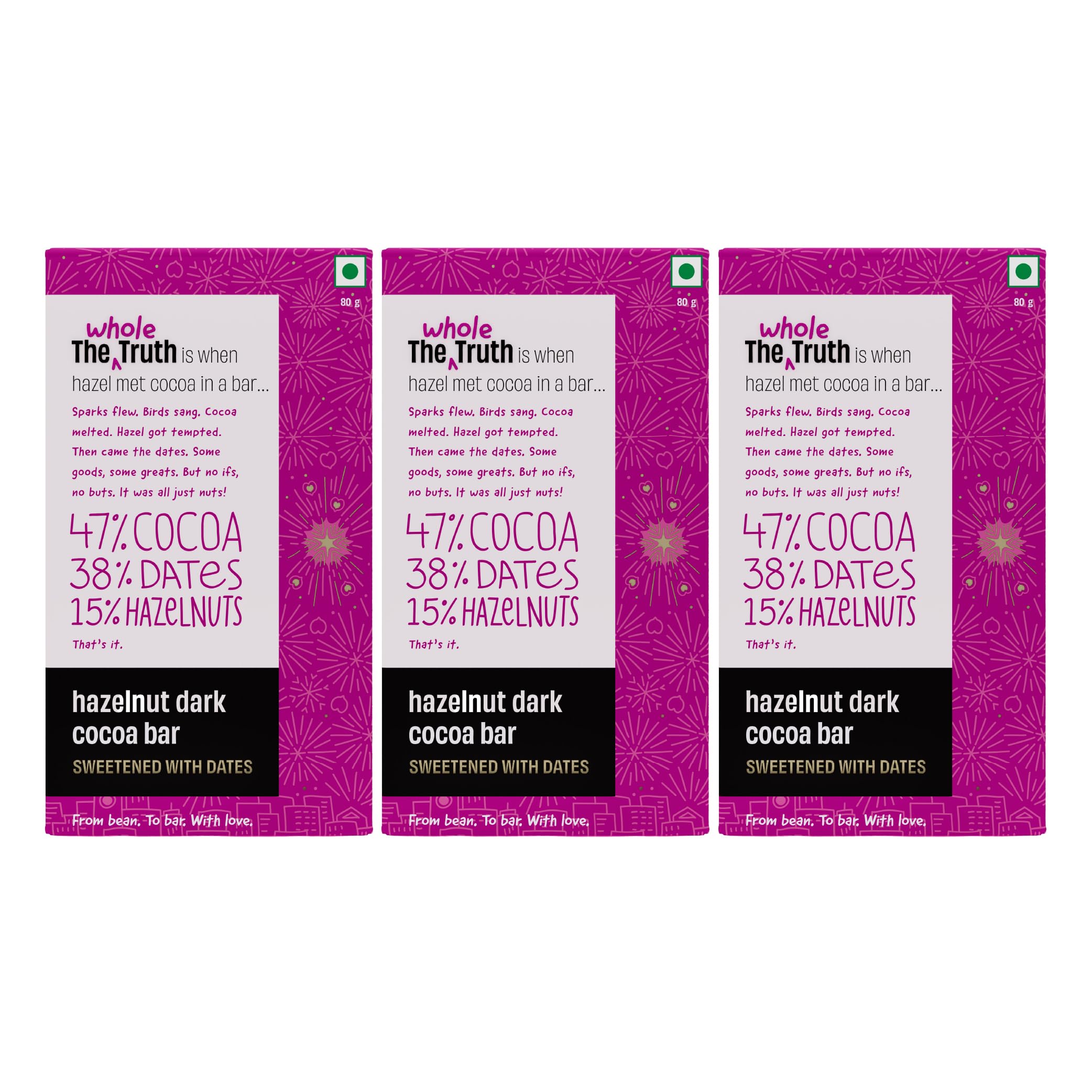 The Whole Truth Dark Chocolate - Hazelnut | Pack Of 3 X 80 Gram | No Added Sugar |Sweetened Only With Dates | 47% Cocoa, 38% Dates, 15% Hazelnuts | No Artificial Flavours | Portion Controlled-image-23