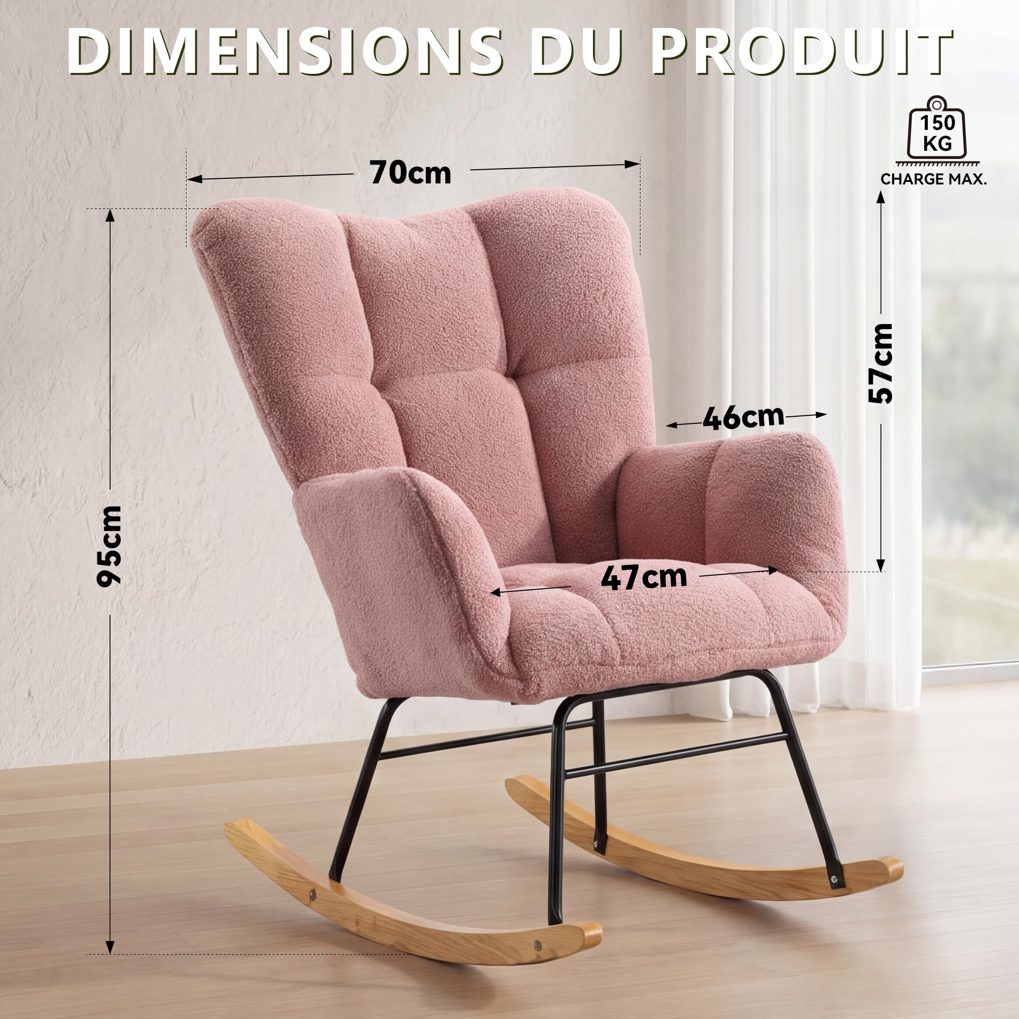 DEKKETO Fauteuil à Bascule - Rocking Chair, Fauteuil Relax Scandinave en Tissu Bouclette, pour Salon, Allaitement, Chambre, Pieds en Bois Massif, Rose