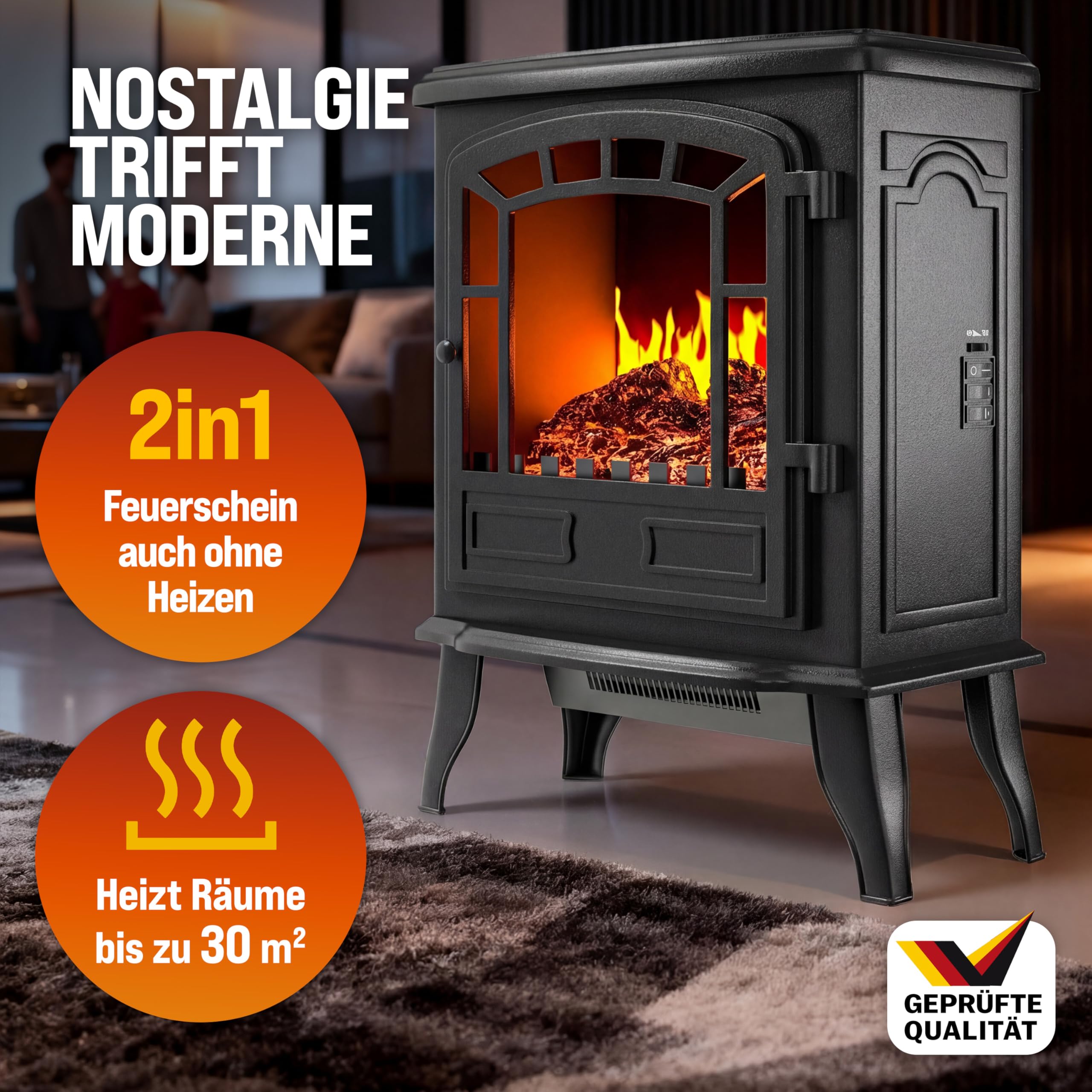 MONZANA® Elektrokamin mit LED Flammeneffekt Heizlüfter 2000W 2 Heizstufen Kamin Ofen Heizung Wohnzimmer 39x24x57cm Schwarz