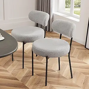 Sweetcrispy Dining Chairs Set of 2, Boucle Upholstered Modern Mid Century Round Kitchen Chairs with Curved Backrest & Metal Legs for Vanity, Living Room - Classic Grey