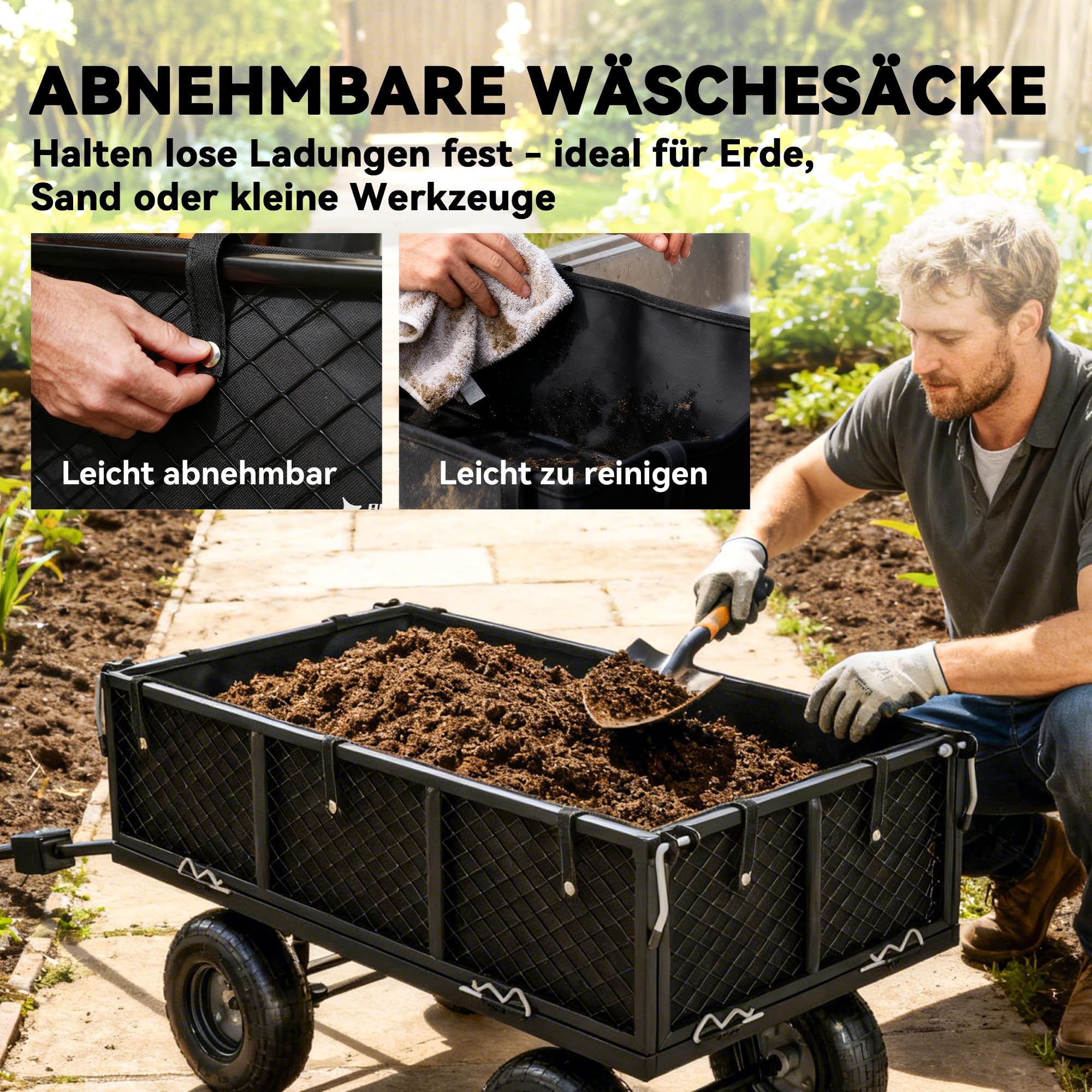 Outsunny Gartenwagen 300 kg Luftreifen Herausnehmbare Plane Schwarz | Transportwagen, Griff, Rädern, Lenkachse, Bollerwagen, Handwagen, Gartenkarre, 114 L, Gerätewagen, für Haus Garten