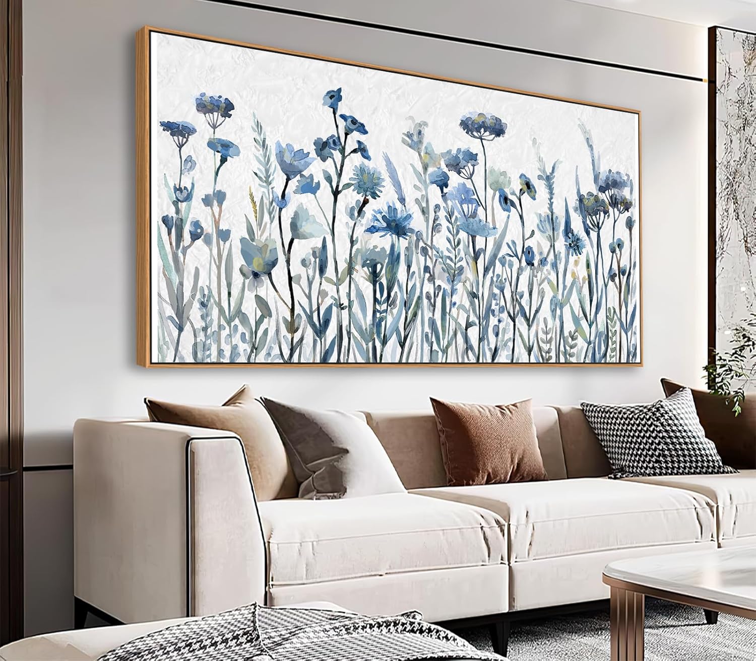 NINEASO Flowers Framed Canvas Wall Art - Navy Blue Flowers Pictures Abstract Floral Wall Decor Modern Botanical Painting Blossom Print Artwork Living Room Bedroom Home Office Decor 29" x 58" Natural Navy Blue Flowers Framed 58L" x 29W"