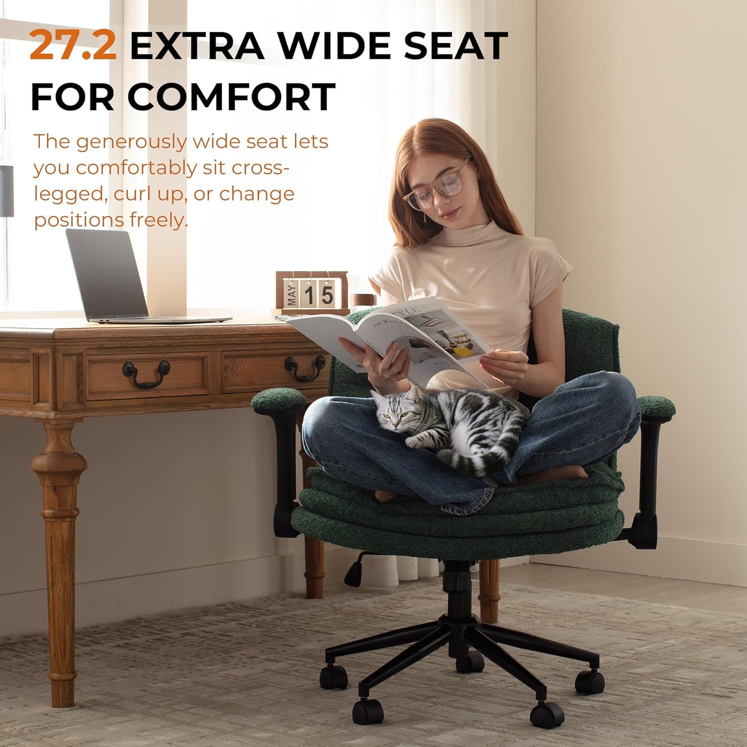 Dowinx Criss Cross Chair with Adjustable Flip-up Arms and Wheels, Comfort Ergonomic Office Desk Armchair with 3 Layer Cushions, Wide Seat Vanity Chair for Home Office, Living Room, Bedroom, Green