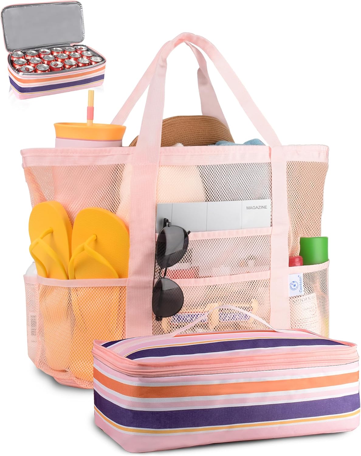 Genteen Sandproof Mesh Beach Bag with Detachable Cooler, Waterproof Zipper Tote Bag for Women Swim Pool Vacation Travel