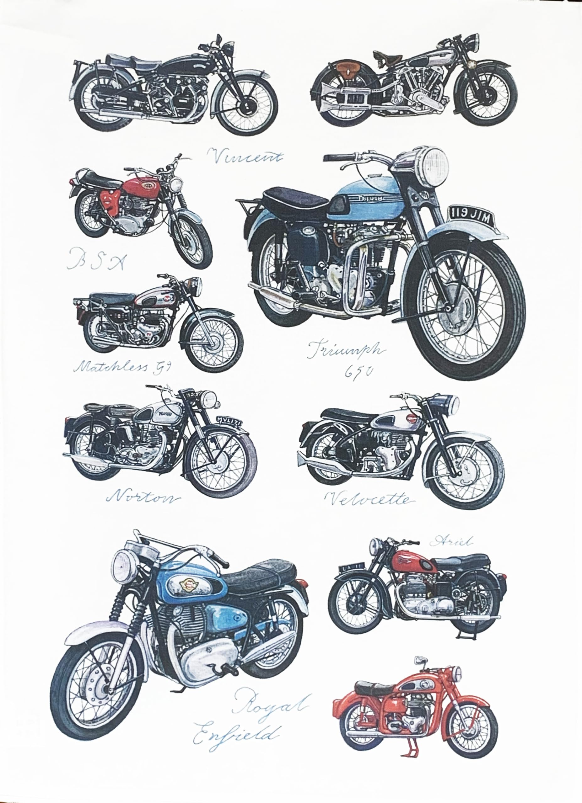 Half a Donkey Classic Motorbikes Large Cotton Tea Towel