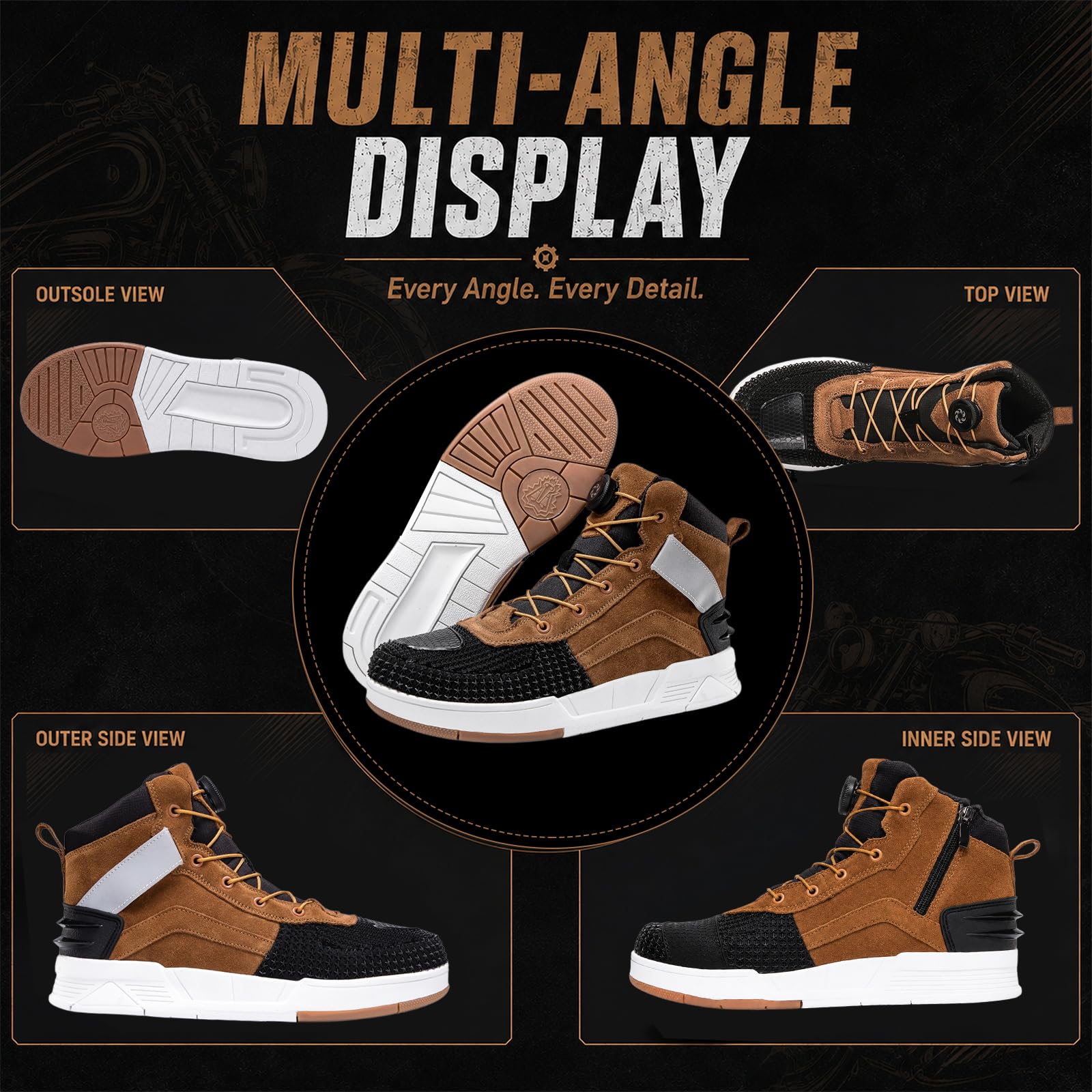 Motorradschuhe Herren, Wildleder Mitte-Spitze Motorradstiefel Protektoren, atmungsaktive & Knöchelstütze, KPU-Zehenschutz und rutschfester Gummisohle, Drehverschluss