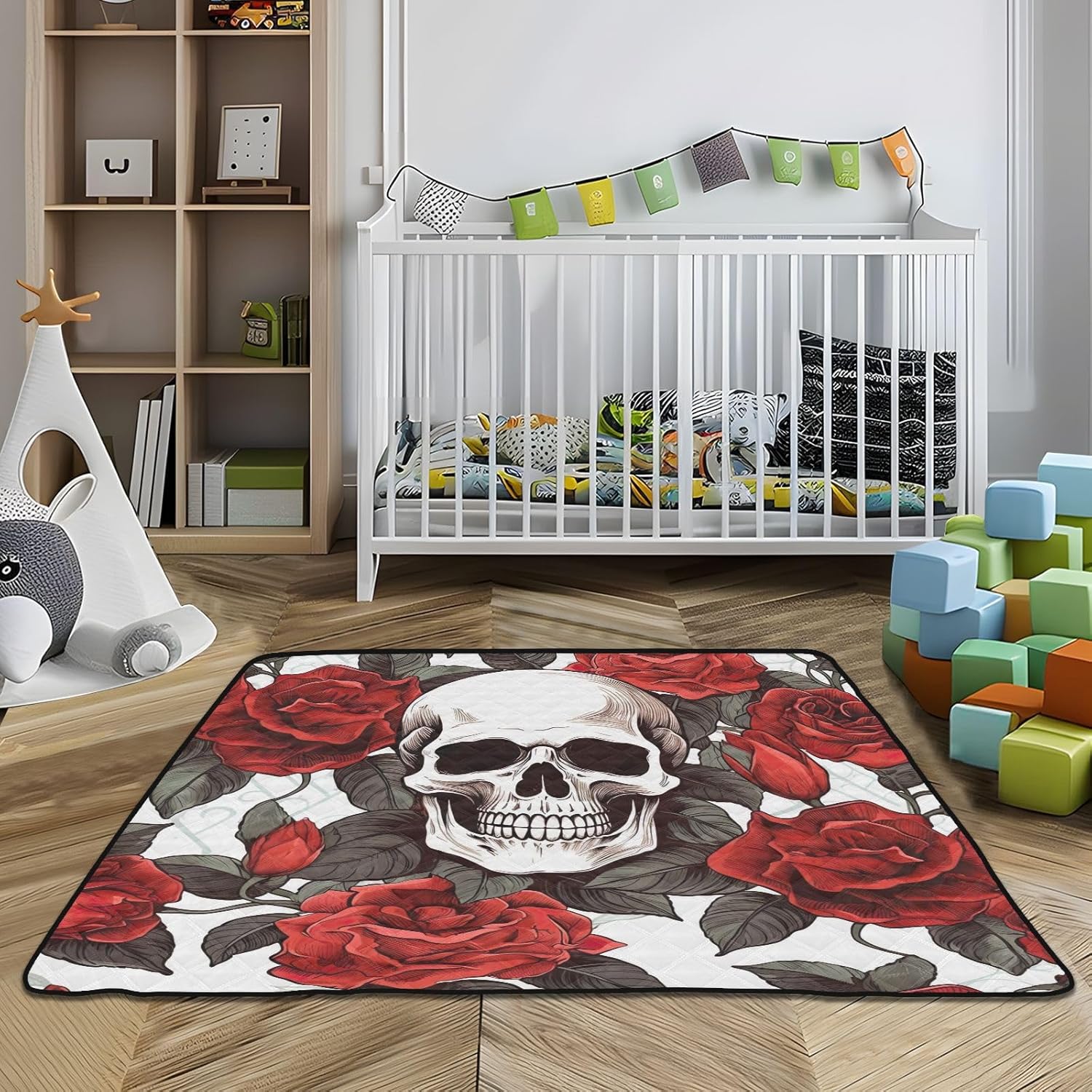 Skulls with Red Roses Baby Play Mats, Waterproof Anti- Slip Play Mat for Babies, Thicken Soft Foldable Baby Play mats for Floor, 50"×50"