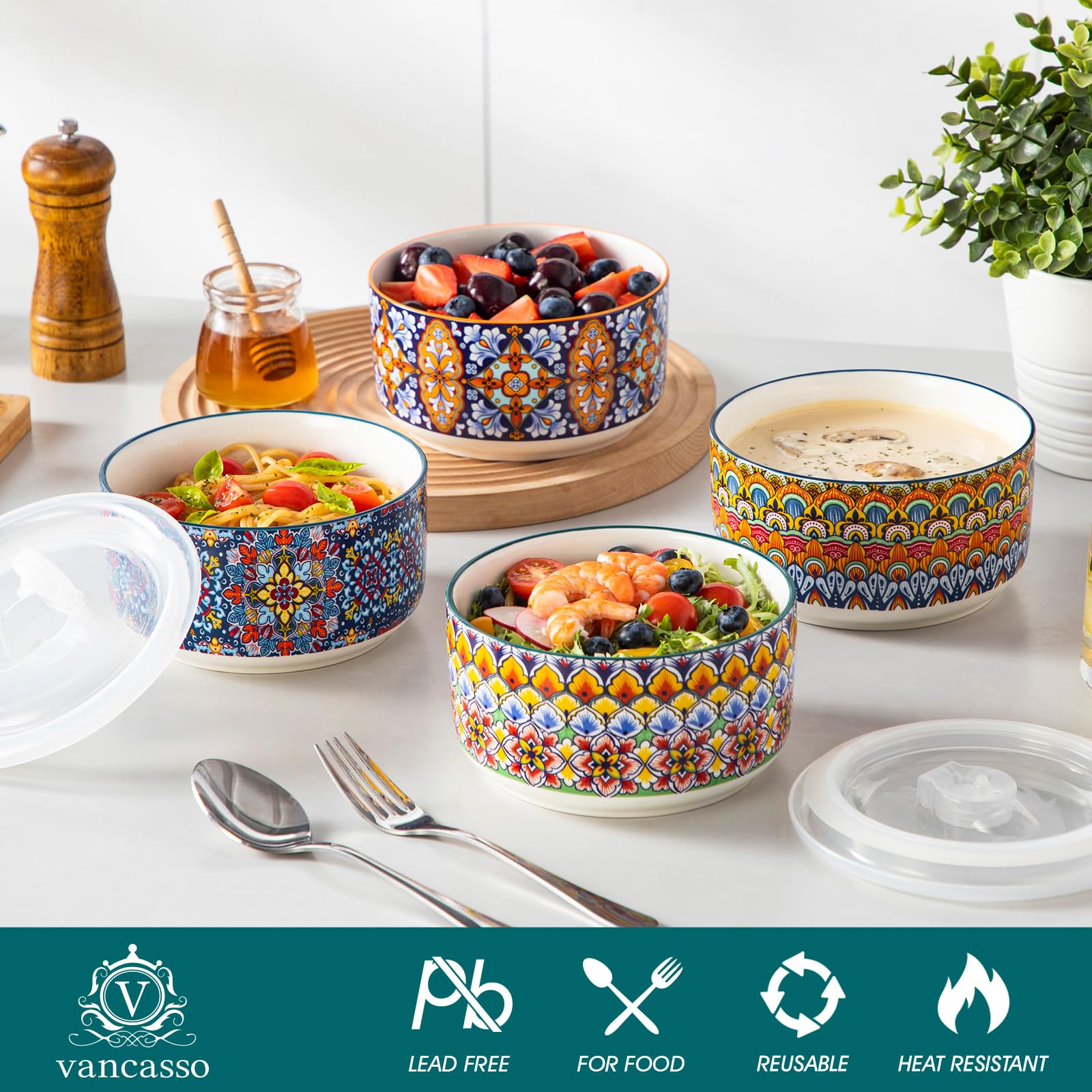 vancasso Bonbon Set van 4 keramische kommen met deksel voor het bereiden, salade, soep, pasta, koken en serveren, 60/91/50/283,5 g, meerkleurig vancasso Bonbon Set van 4 keramische kommen met deksel voor het bereiden, salade, soep, pasta, koken en serveren, 60/91/50/283,5 g, meerkleurig
