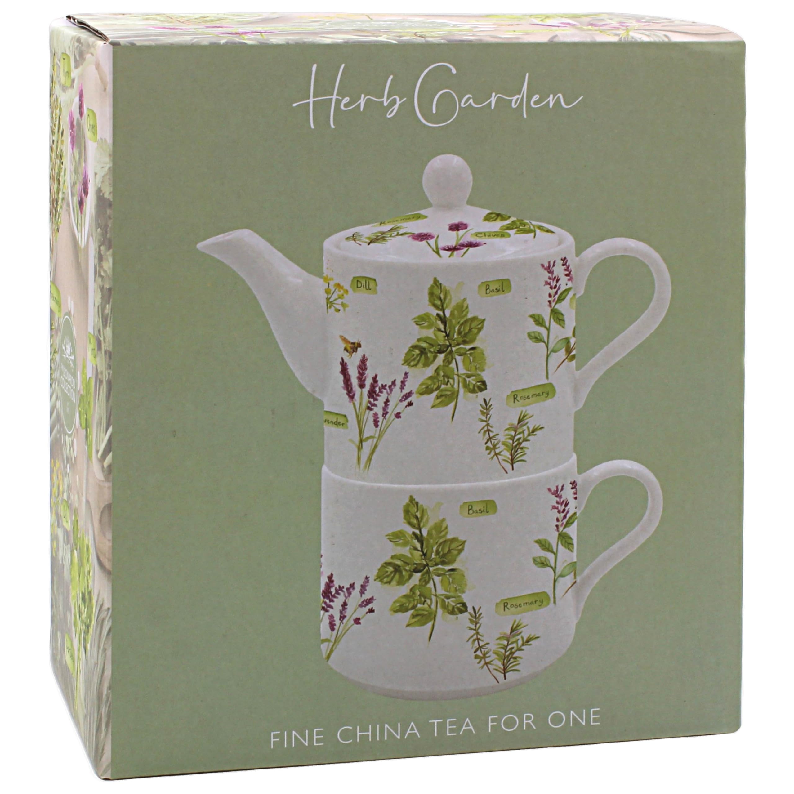 The Leonardo Collection Jennifer Rose Gallery - Set di teiera e tazza in porcellana con illustrazione di erbe aromatiche, elegante set da tè in stile fattoria, regalo per giardino e amore del tè