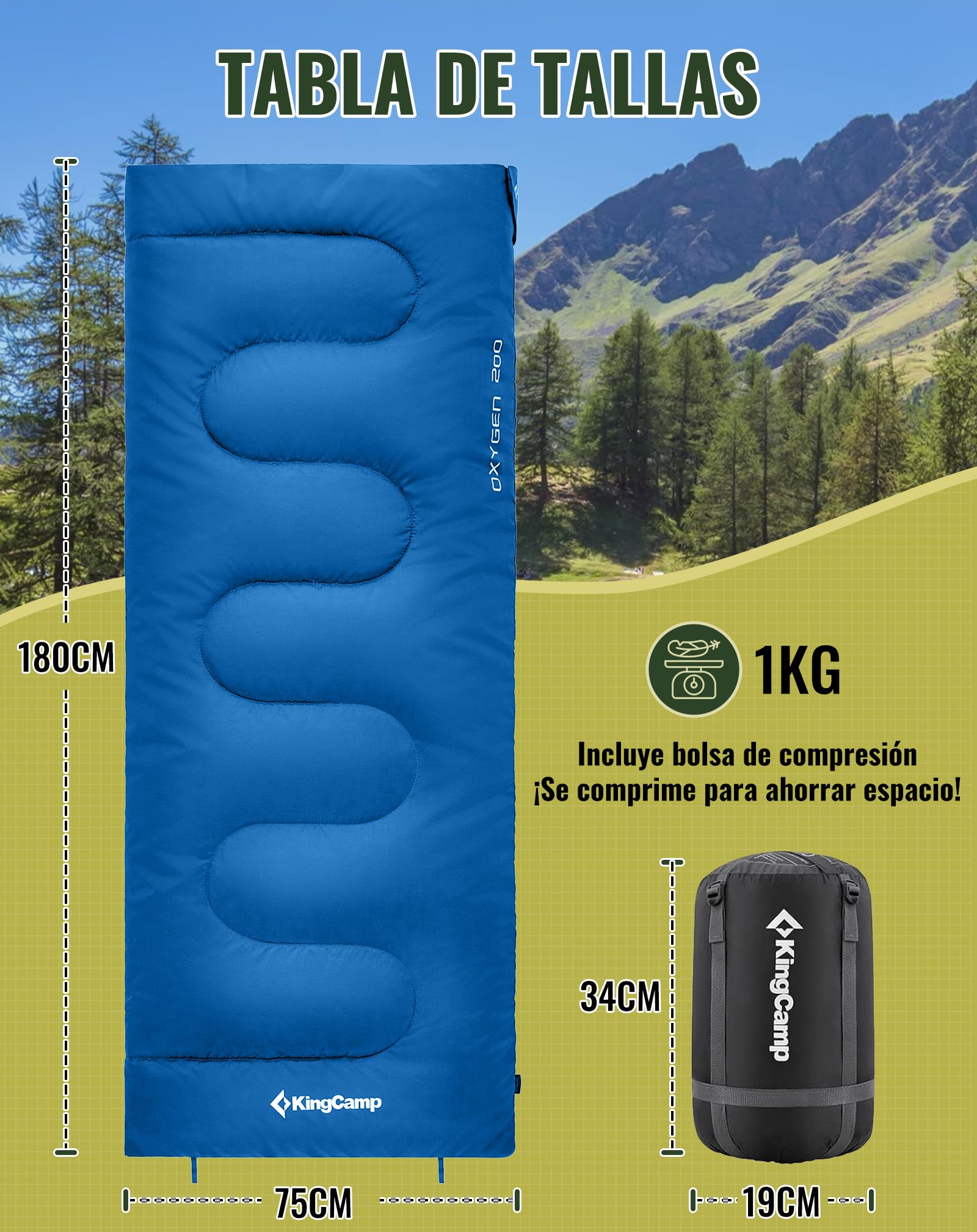 KingCamp Saco de Dormir Ligero, portátil, Impermeable, cómodo para Clima frío, mochilero, Camping, Senderismo