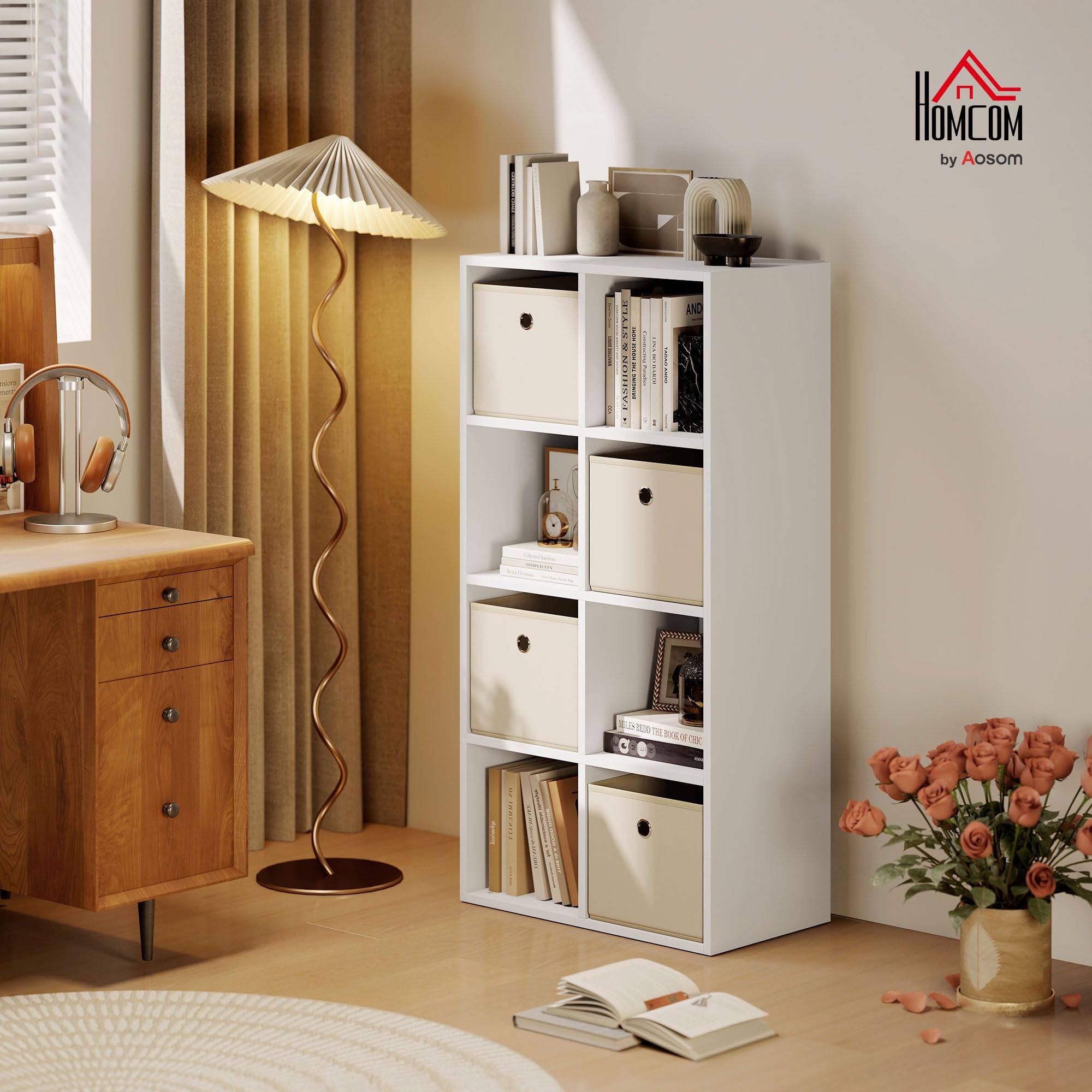 HOMCOM Estantería de 8 Cubos 4 Cajones Tela 105,9x30x53,7 cm Blanco y Beige | Librería, Estantería para Libros, Horizontal o Vertical, para Salón, Dormitorio, Estudio