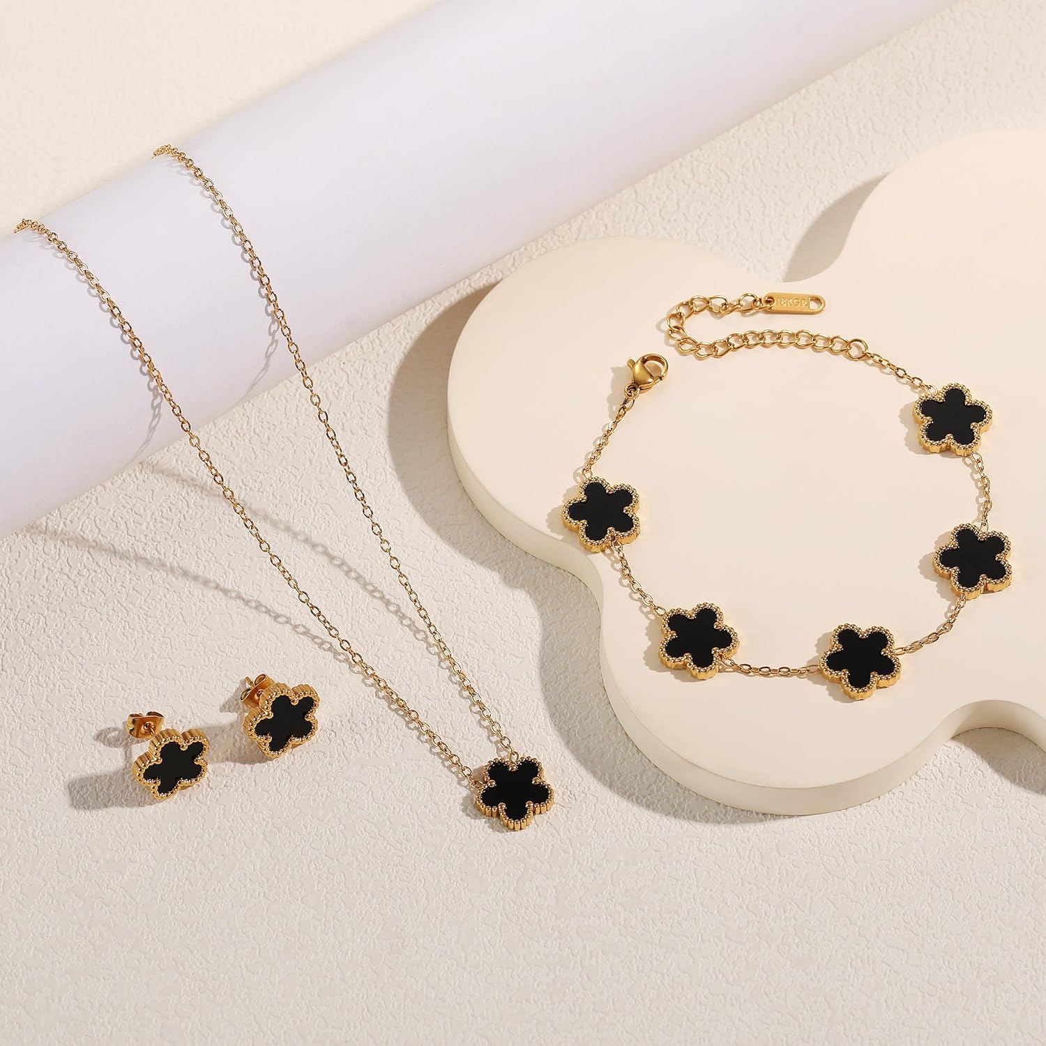FUNIO Four Leaf Clover Bracelet Set for Women - 18K Gold Plated Flower Lucky 4 Leaf Necklace Bracelet Earrings Jewelry Sets Gift for Women - Image 3