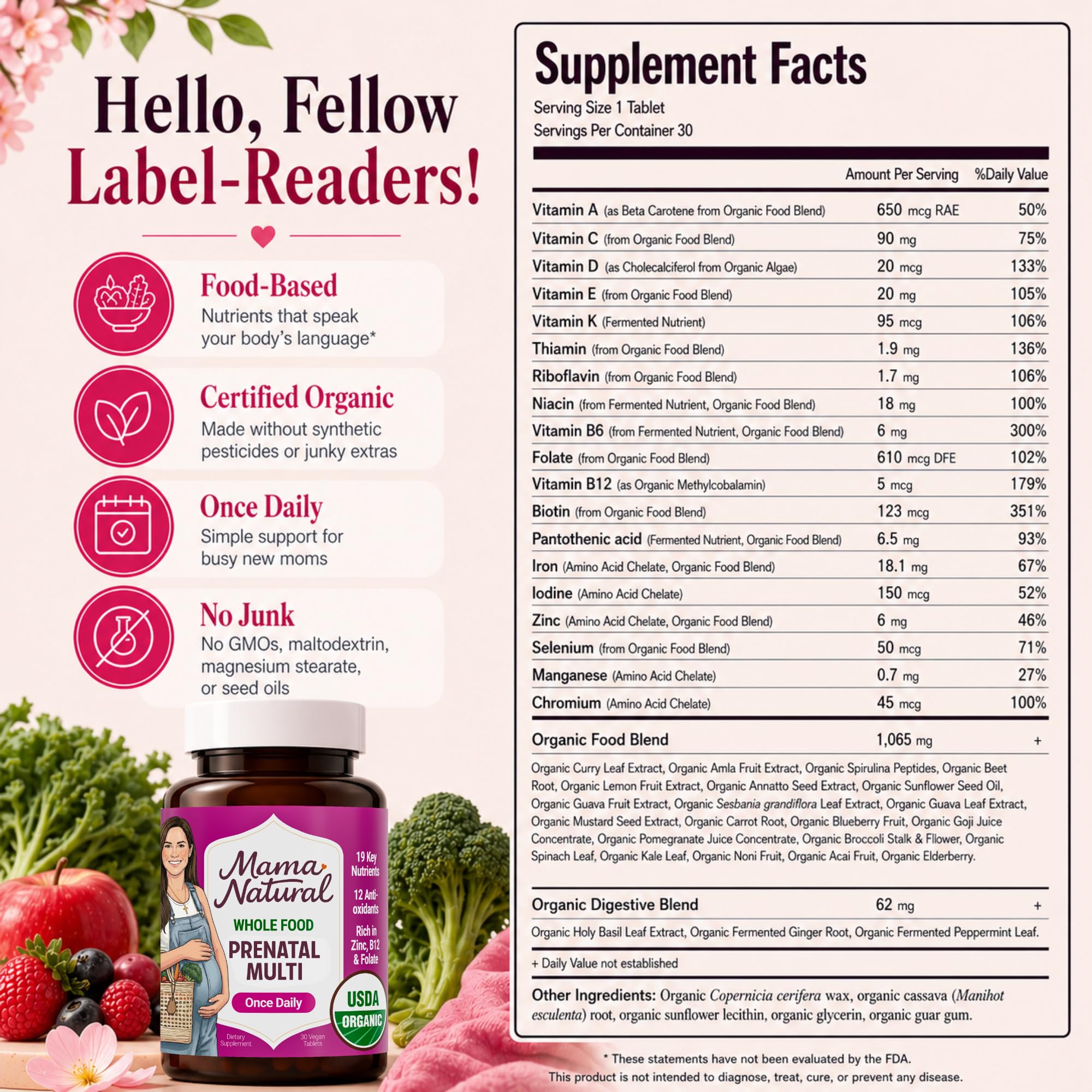 Mama Natural Organic Prenatal Vitamins for Women Vegan (30 Servings) | One A Day Prenatal Vitamins for Pregnant Women | Food Based, Non-GMO & Gluten-Free - Pre Natal Multivitamin with Folate — Amazon image 7