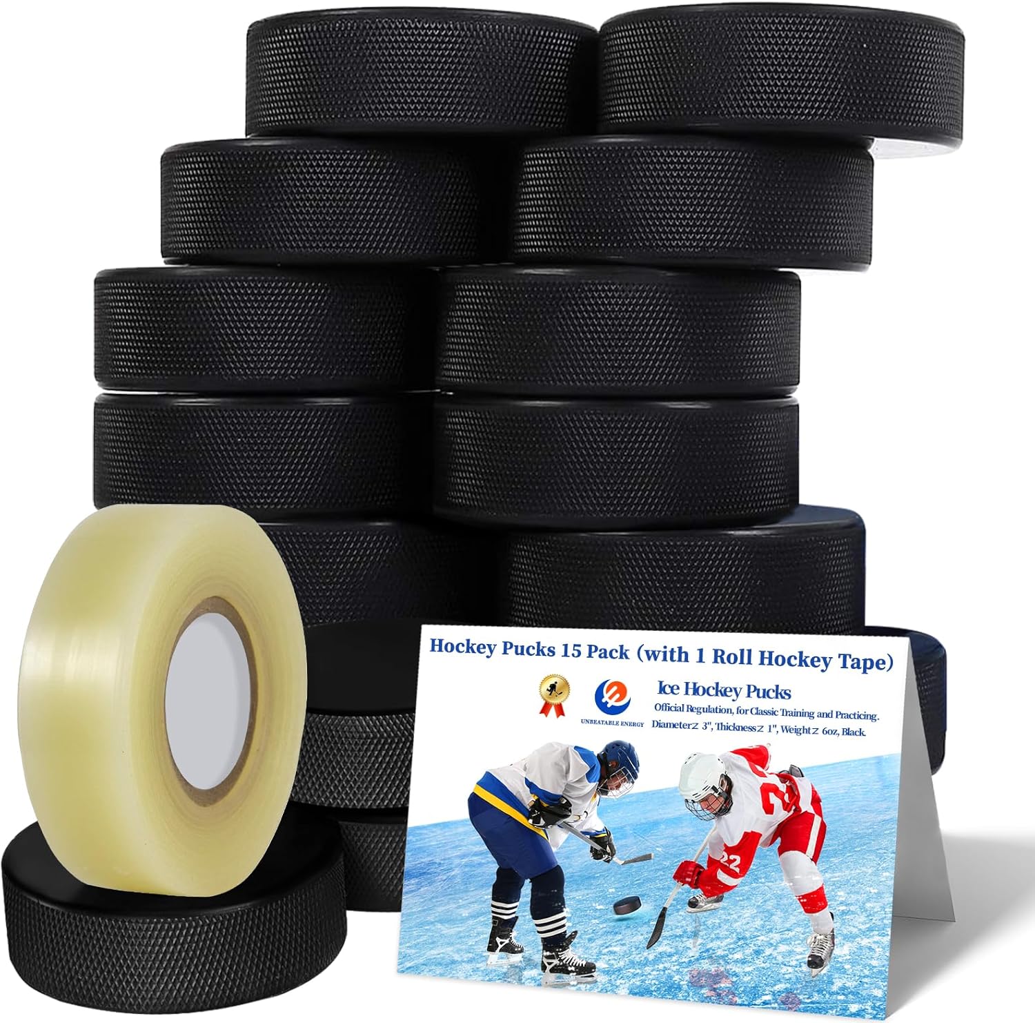 Hockey Pucks 50 Packs+ Hockey Pucks 15 Pack （with 1 Roll Hockey Tape） Official Hockey Pucks for Practicing and Classic Training, Ice Hockey Pucks Diameter 3", Thickness 1", 6oz, Black Hockey Pucks Bul