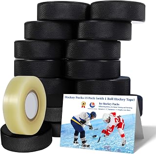 Official NHL Size Hockey Pucks 15 Pack with Hockey Tape - 3" Diameter, 1" Thick, 6oz Black Bulk for Ice Hockey Training