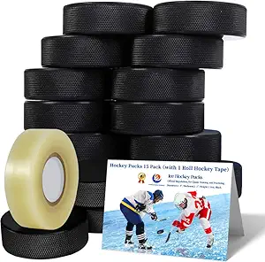 Hockey Pucks 15 Pack （with 1 Roll Hockey Tape） Official Hockey Pucks for Practicing and Classic Training, Ice Hockey Pucks Diameter 3", Thickness 1", 6oz, Black Hockey Pucks Bulk product image