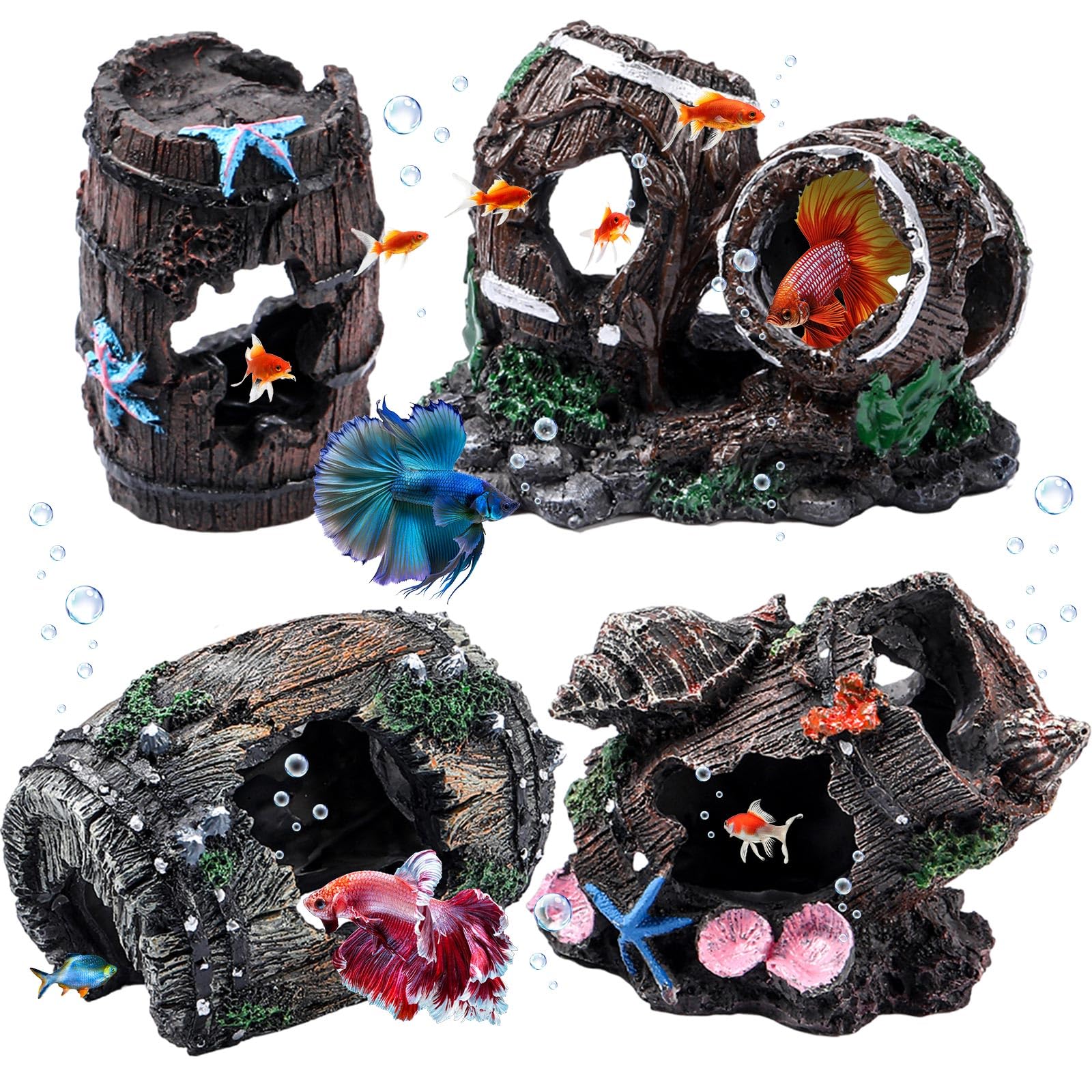 Wenqik 4 Pcs Fish Tank Decorations Broken Barrel Betta Hideout Cave Ornaments Aquarium Decorations Cave Large Fish Tank Ornaments for Small Shrimp Hide Pond(Classic)