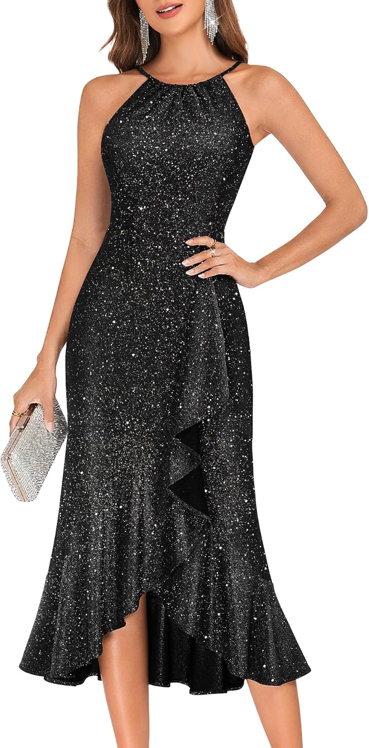BeryLove Sequin Formal Cocktail Wedding Long Dresses Evening Ruffle Halter Prom Dress