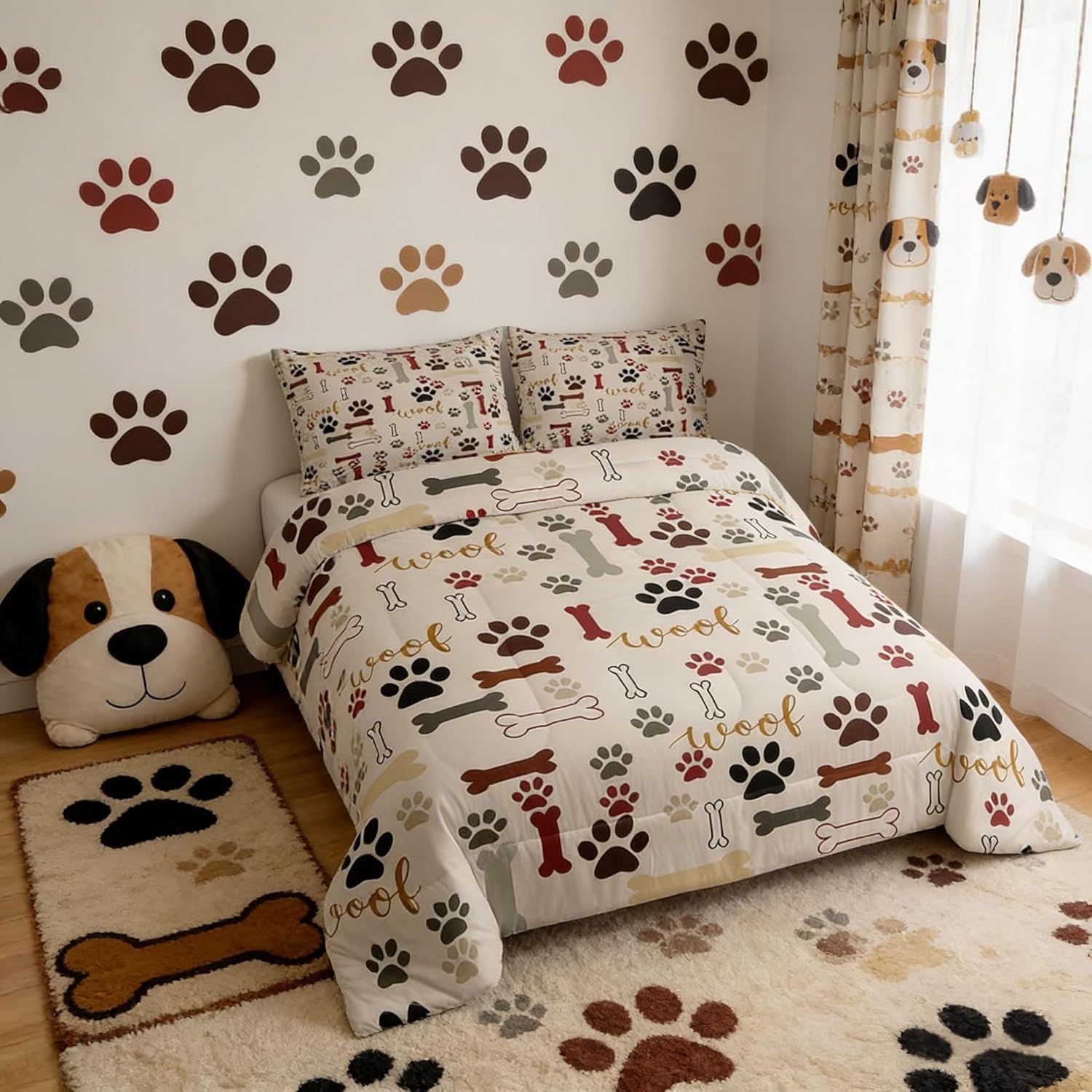 Homewish Dog Paw Print Comforter Set Twin Size,Bone Pattern Bedding Set 2pcs for Kids Teens Girls Boys Room Decor,Pet Animal Quilt Set Cartoon Duvet Insert with 1 Pillowcase