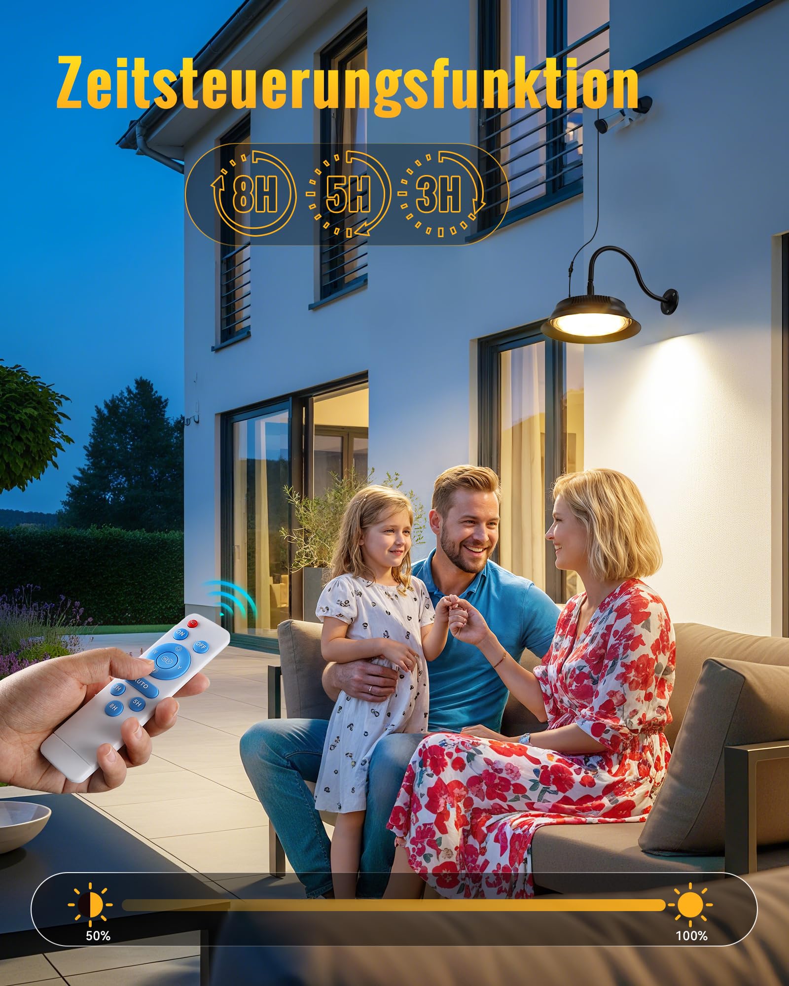Solar LED Lampe Außen, Hängelampe & Wandleuchte mit Fernbedienung, 3 Farbtemperaturen, 5000mAh Akku, 10–12h Leuchtdauer, IP65 Wasserdicht für Gartenhaus, Schuppen, Garage, Stall, Terrasse