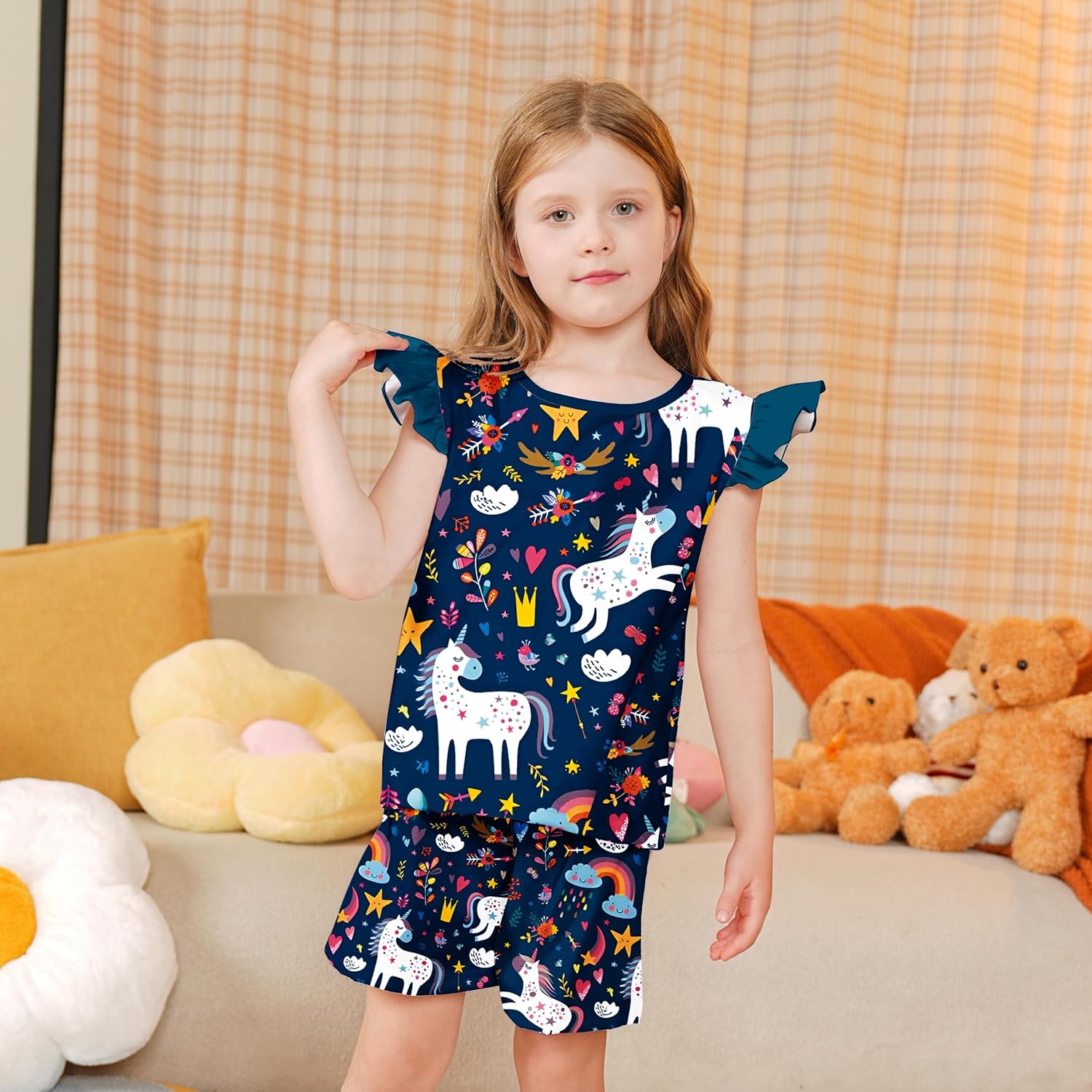 LQSZ Girls Pajamas Set Kids 4 Piece Summer Flutter Sleepwear Toddler Short Sleeves PJs Pajama for 3-10 Years - Image 2