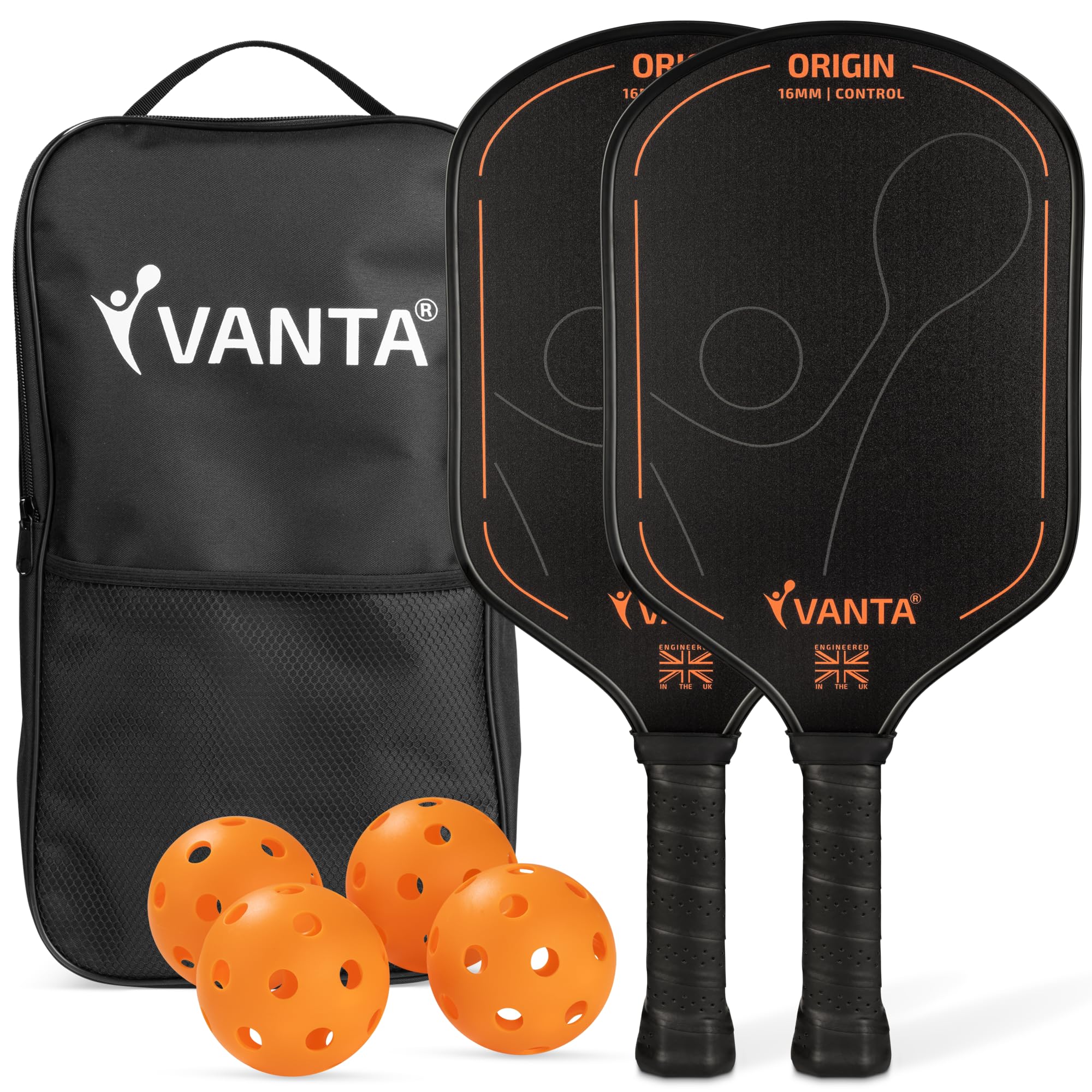 VANTA ORIGIN | Set di pagaie per pickleball per principianti | 2 pagaie, 4 palline e custodia | Due pagaie da 16 mm, 4 palline da interno e custodia per il trasporto in un set completo per principianti, coppie e famiglie.