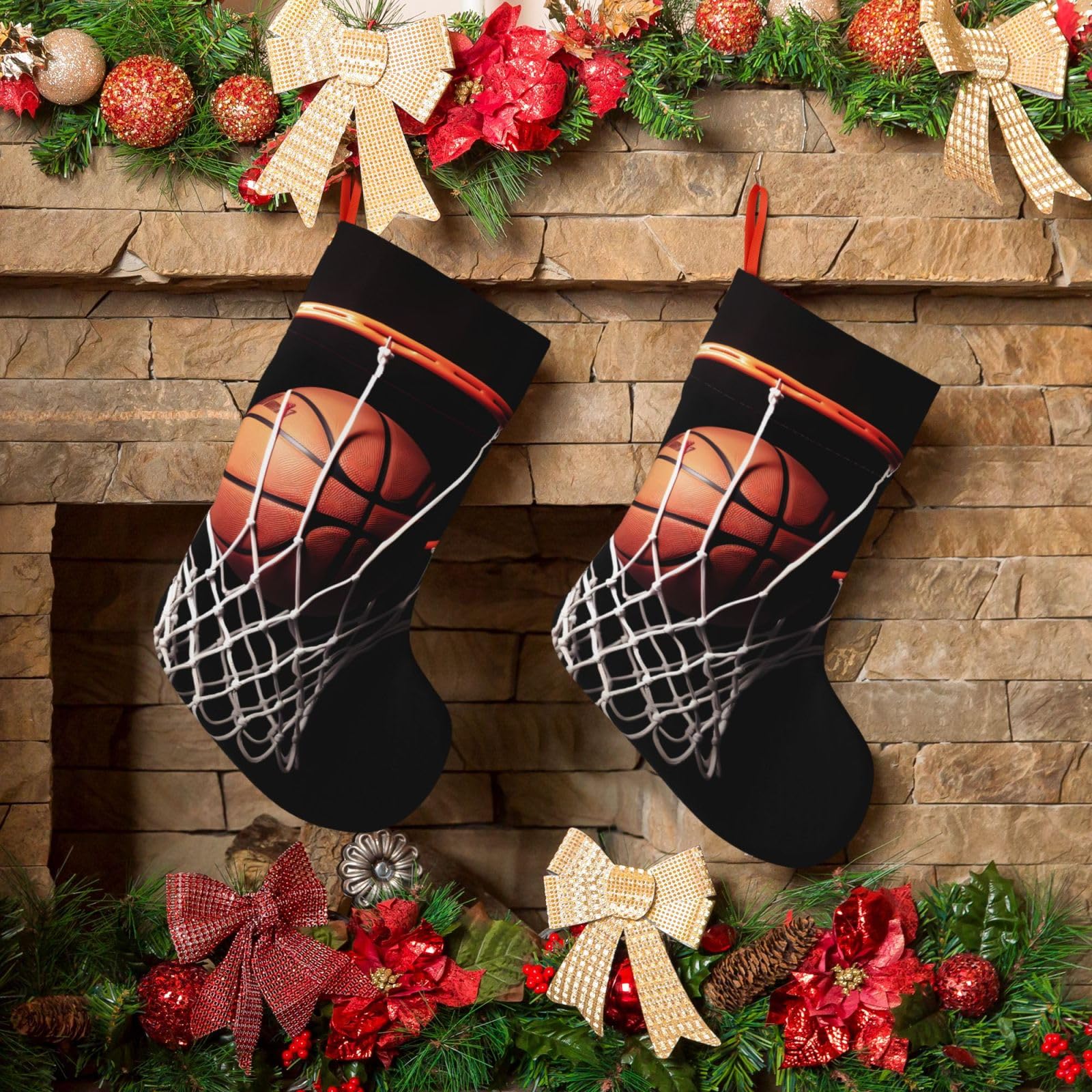 KLOPH Christmas Stockings 18" Personalized Xmas Stocking Basketball Decoration Stocking Hanging Fireplace Stocking for Holiday Xmas Tree Christmas Fireplace Decor