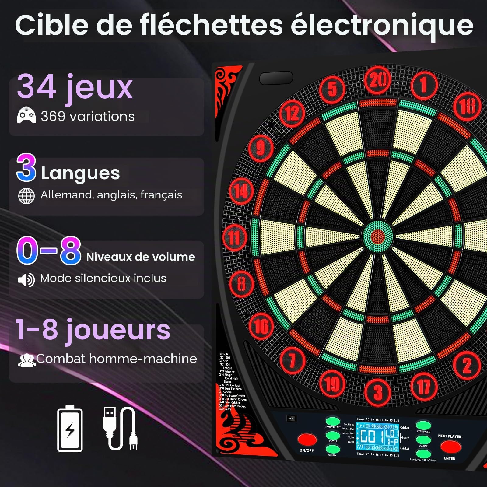 Mejasg Cible de fléchettes électronique avec voix allemande, anneau lumineux et écran LCD, cible de fléchettes électronique avec 34 jeux et 369 variantes, cible de fléchettes électronique pour adultes