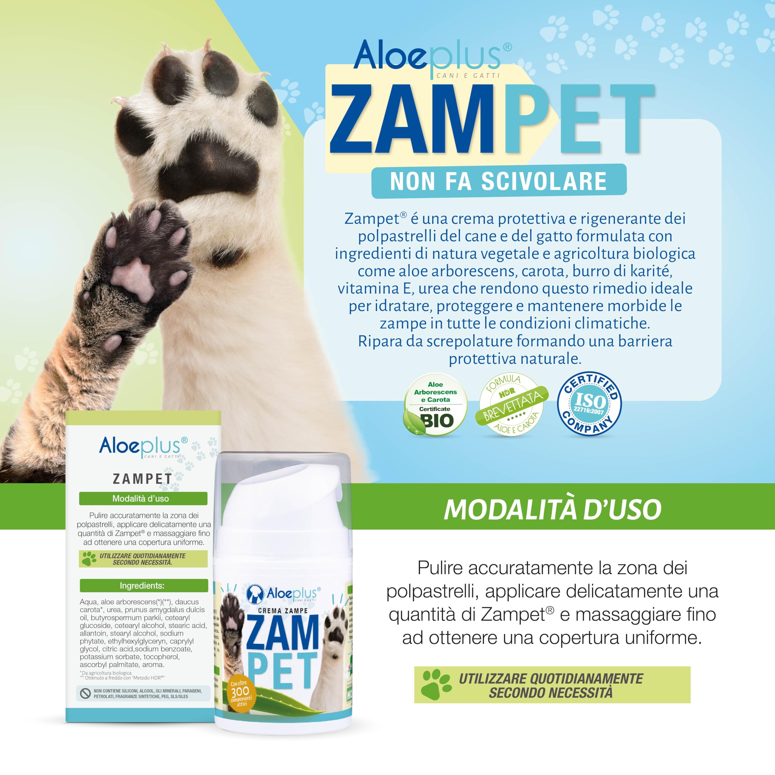 Aloeplus Zampet - Crema Polpastrelli Cane e Gatto, Balsamo Zampe Cane 100% Naturale, Idrata Protegge Rigenera, Contro Irritazioni e Secchezza, con Aloe Arborescens, Burro di Karité e Olio di Mandorle
