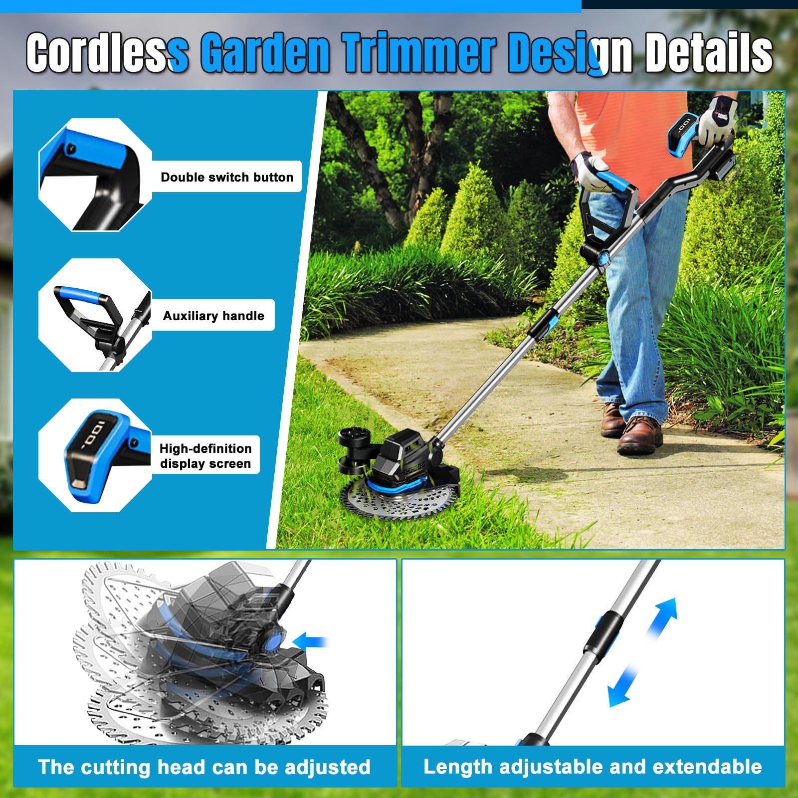 Desbrozadora a batería con indicador y Rueda para Makita 18V (sin bateríe) | Cortabordes eléctrico, sin escobillas, extensible, cabezal giratorio 90° y mango giratorio 90°, para jardín y césped