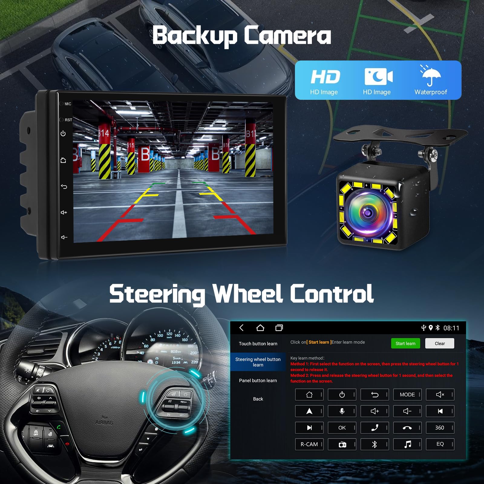 NHOPEEW Radio para Coche Android con WiFi GPS -Radio para Coche de 7 Pulgadas Compatible con Mirror Link, Ecualizador, DSP, Pantalla Dividida, Controles en el Volante y cámara de Marcha atrás