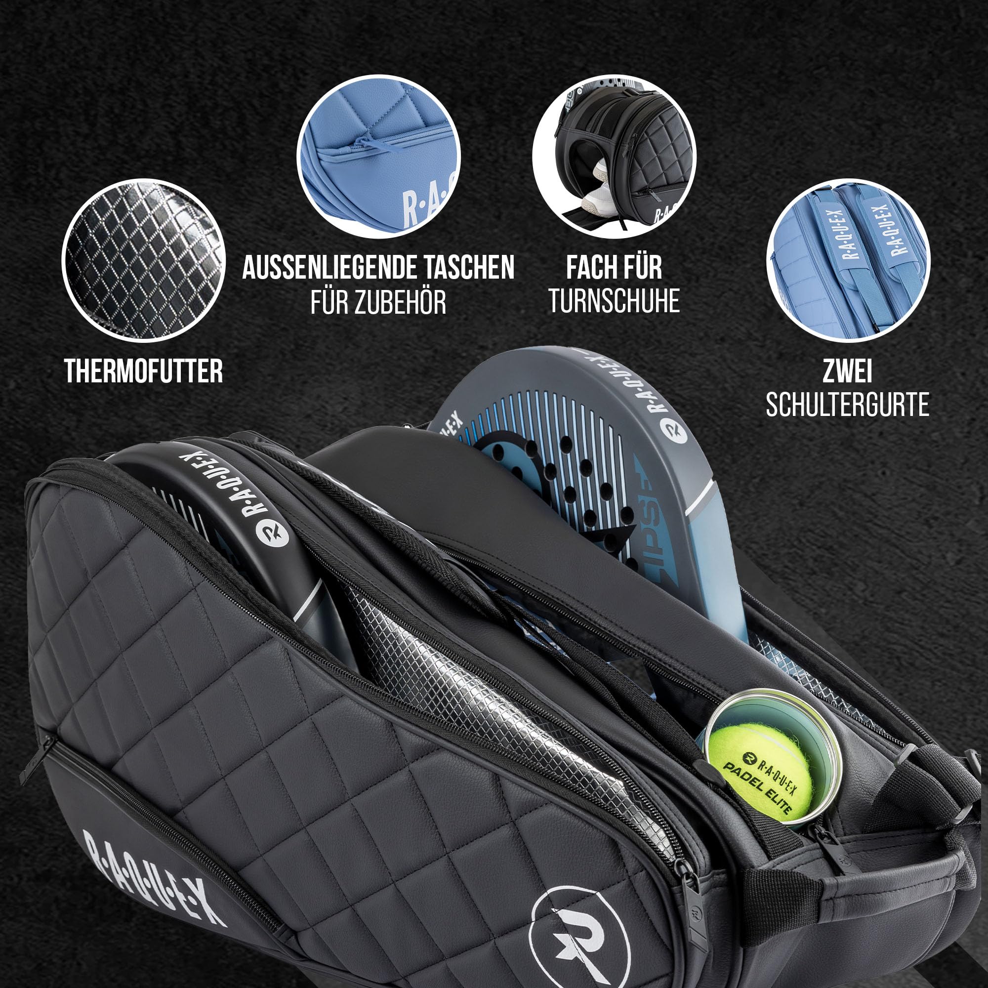 Raquex Elite gesteppte Padelschlägertasche (bis zu 4 Schläger) – Blau oder Schwarz – Padeltasche aus Kunstleder für Herren und Damen. Gepolsterte Padelschläger-Schutztasche – luxuriöses Padel-Geschenk