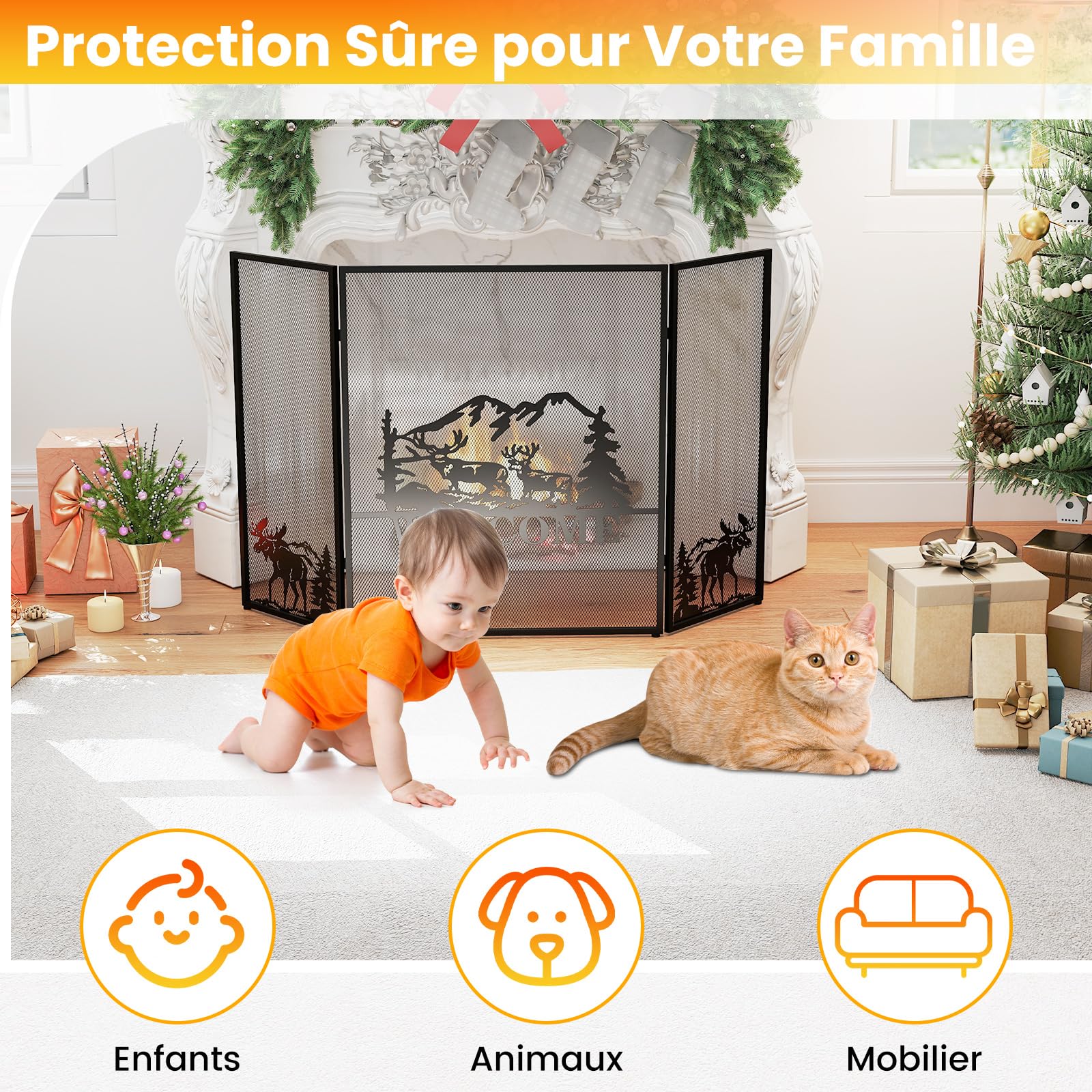GOPLUS Pare Feu Cheminée Pliable 3 Panneaux en Fer, Écran de Cheminée Pare-Étincelles Pliable pour Décoration de Salon, Grille de Protection pour Cheminée Autoportante (Bienvenu, 132x79CM)