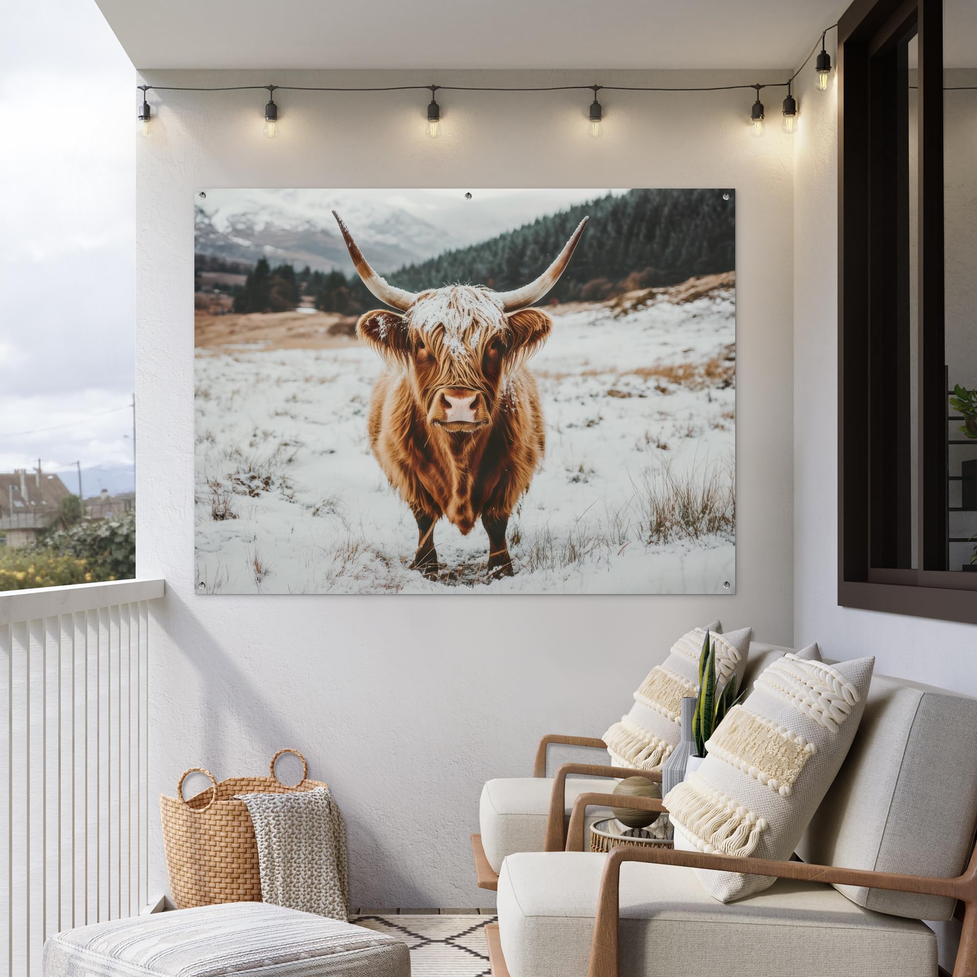 MuchoWow© Poster De Jardin Decoracion Balcón Wall Decoration Adornos Pared | 160x120 cm - Terraza Exterior Decoración Patio Posters Decorativos Highlander escocés - Paisaje - Nieve - Montañas