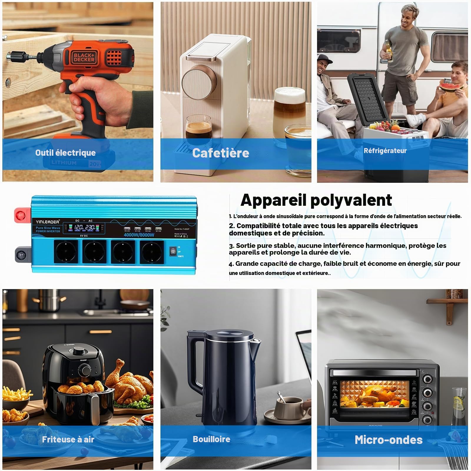 Yinleader Convertisseur 12V 220V Pur Sinus 4000W/8000W Convertisseur de Tension LCD | 4 USB (avec télécommande)