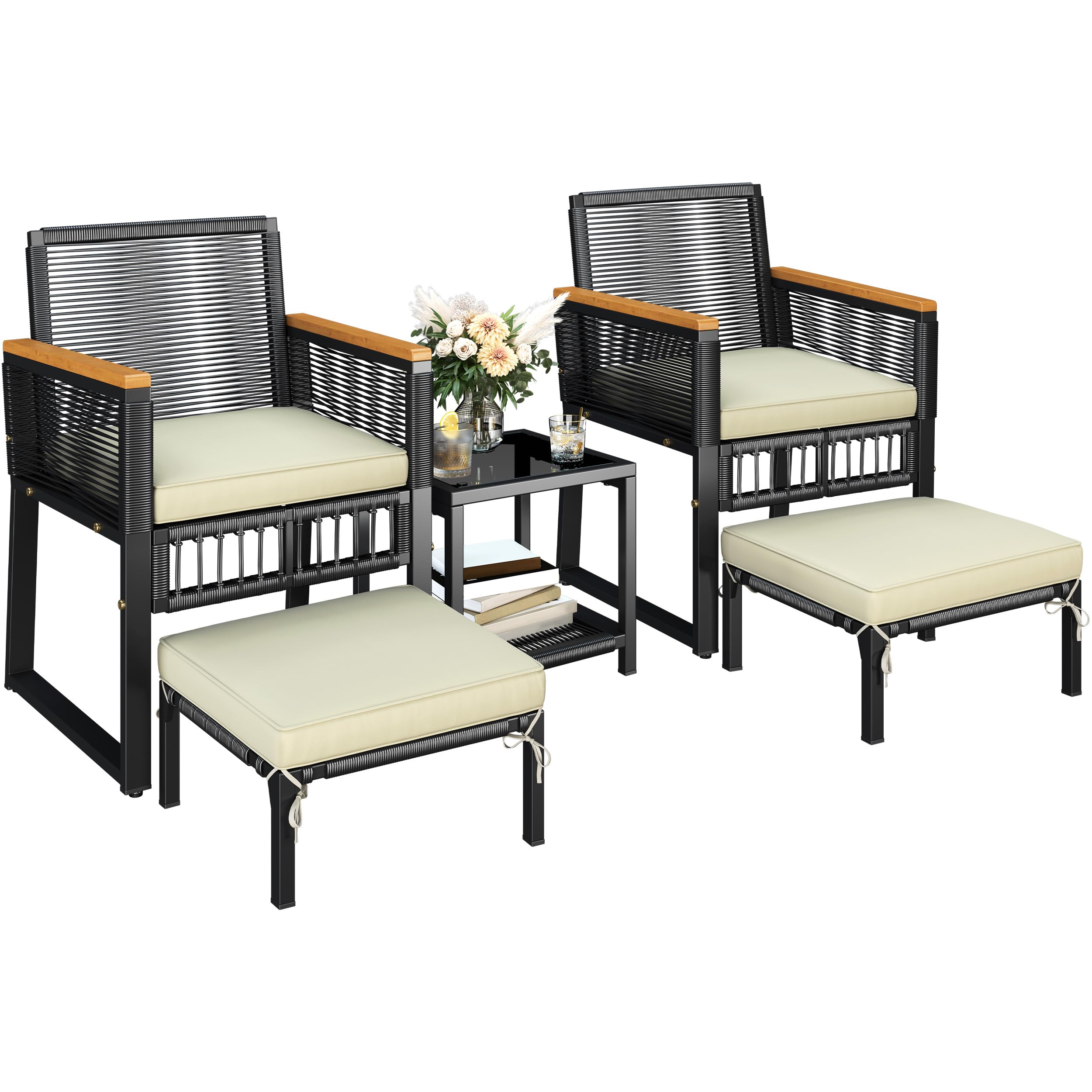 Yaheetech 5-Piece Outdoor Conversation Set, Wicker Rattan Patio Furniture Set w/Rattan Armchairs, 2-Layer Side Table, Ottomans, Acacia Wood Armrests & Metal Frame for Backyard, Porch, Balcony