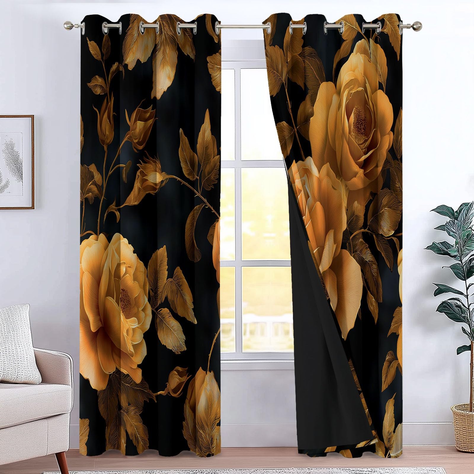 Zasłona zaciemniająca do pokoju dziecięcego, sypialni, salonu, 110 x 215 cm (szer. x wys.), zasłona termiczna dla chłopców, vintage, sztuczne róże, liście, czarna, nieprzejrzysta, zasłona na