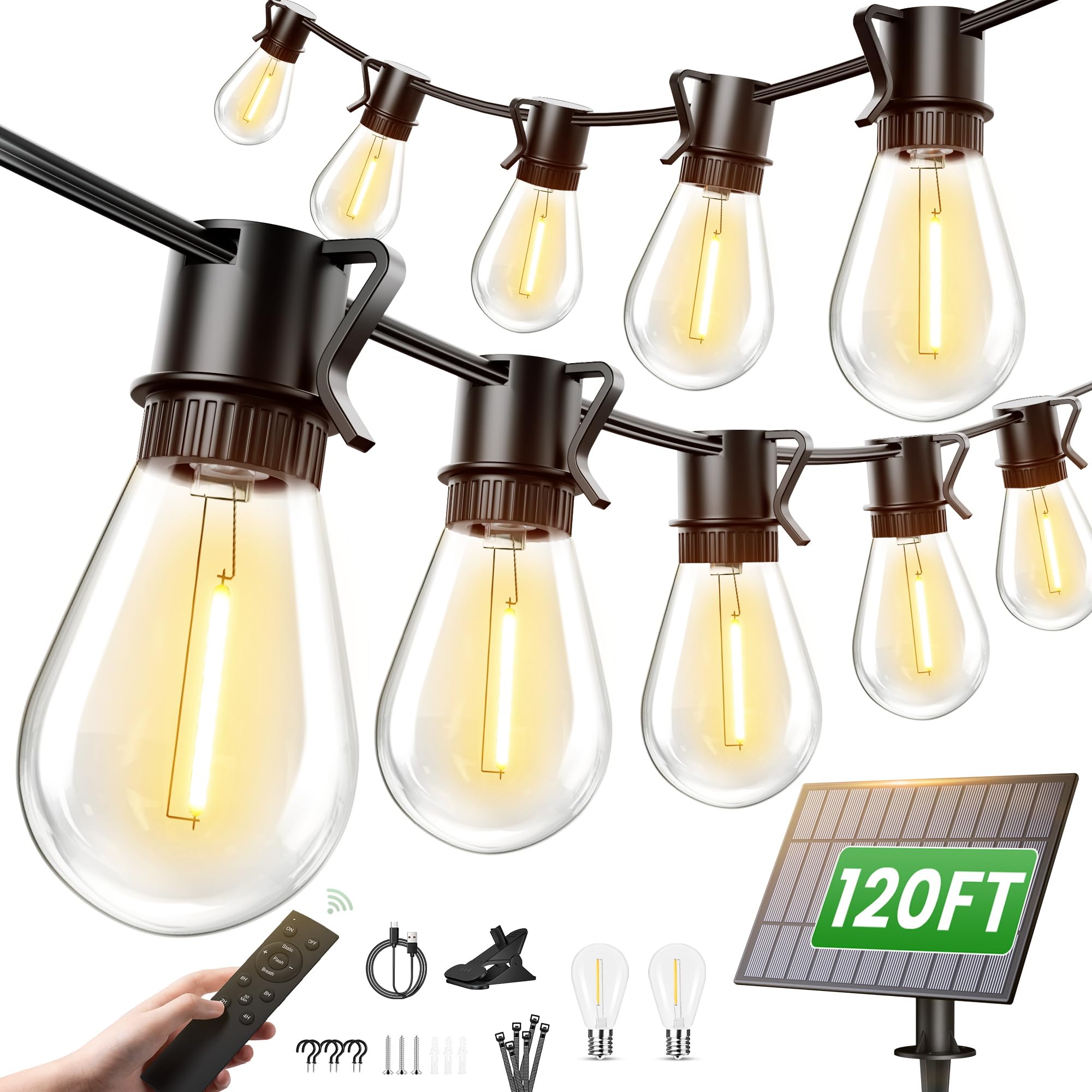 Solar String Lights Outdoor, 120FT 30+2 Shatterproof S14 LED Bulbs, Waterproof, USB Rechargeable, 2200K Warm White, Energy-Saving Hanging Patio Lights for Garden, Porch, Bistro, Deck, Market