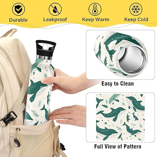 Miniatura 4 de Emerald Green Playful Whale Leak Proof & BPA Free Insulated Water Bottle with Straw Lid Vacuum Insulated for Water, Milk, Juice, School, Camp, Sport