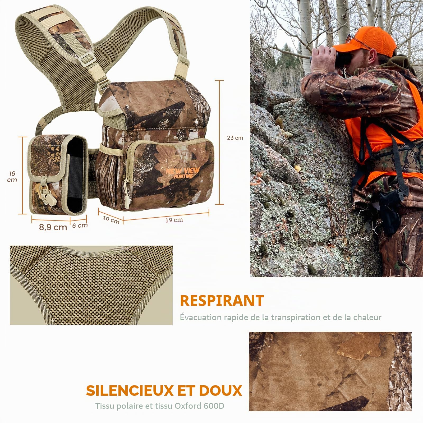 NewView Harnais Binocular avec Sac de télémètre Amovible, Sangle bino réglable et Protection Contre la Pluie - Idéal pour la Chasse, la randonnée et l'observation des Oiseaux - Quiet-M