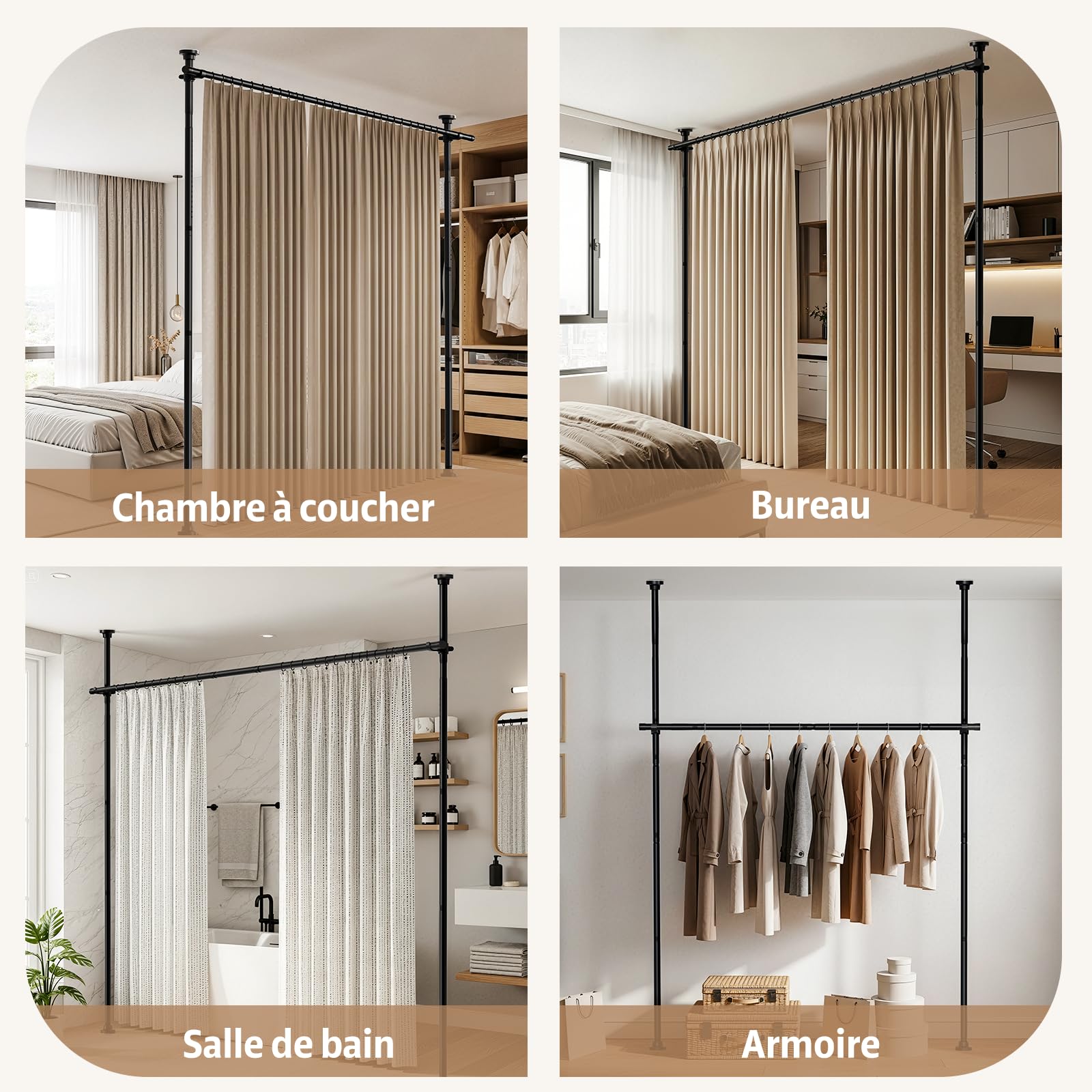 Tringle Rideau Sans Percage ，155-350 cm (H) × 110-297 cm (L) ，Noir Cloison Amovible Sans Percage，Tringle à Rideaux Flexible Et RéGlable ，Pour Chambre à Coucher ，Bureau SéParateur De PièCes