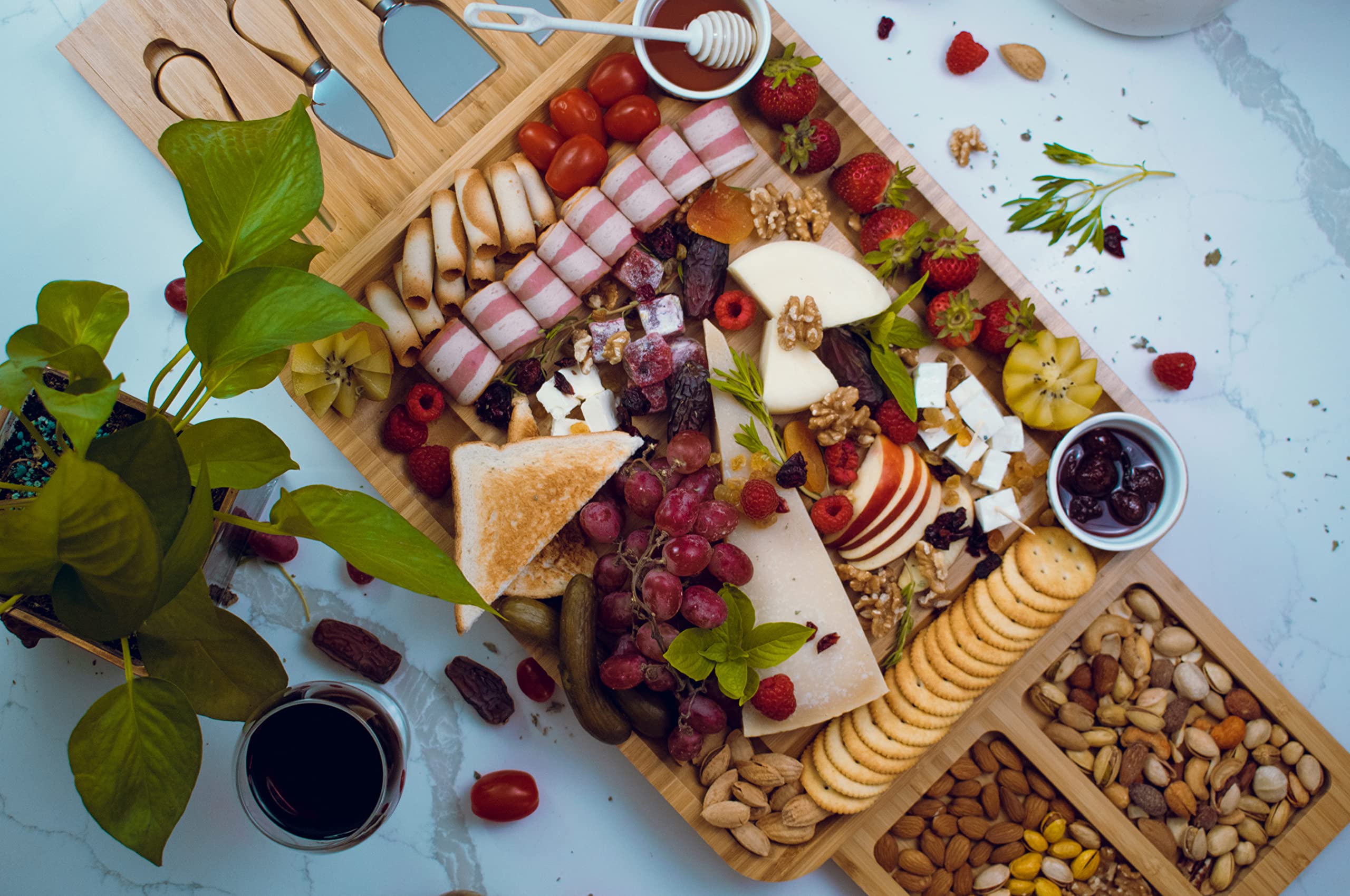 Extra Large Cheese Board and Knife Set - Bamboo Charcuterie Board Meat Charcuttery Platter Serving Tray