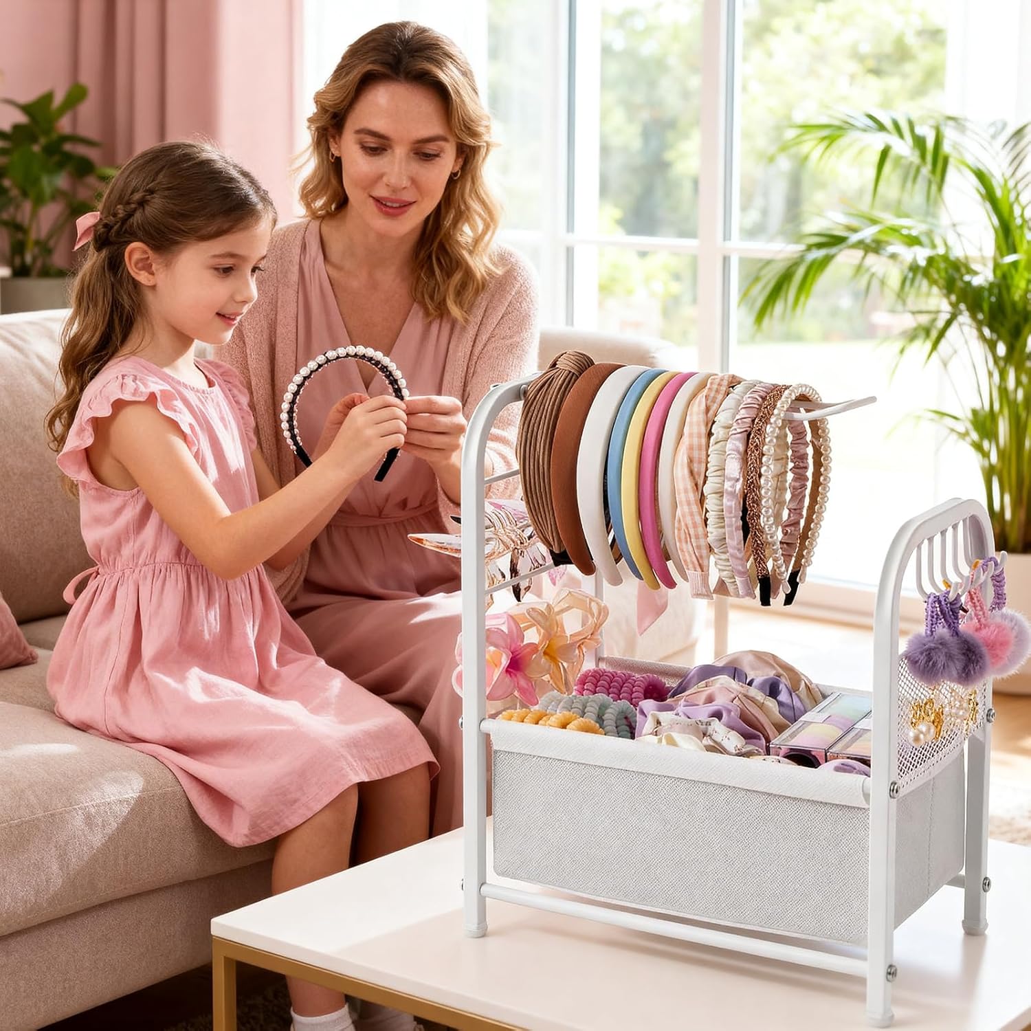 Headband Holder Stand, Metal Hair Accessories Organizer with Divided Storage Box, for Headbands, Hair Ties, Clips & Earrings