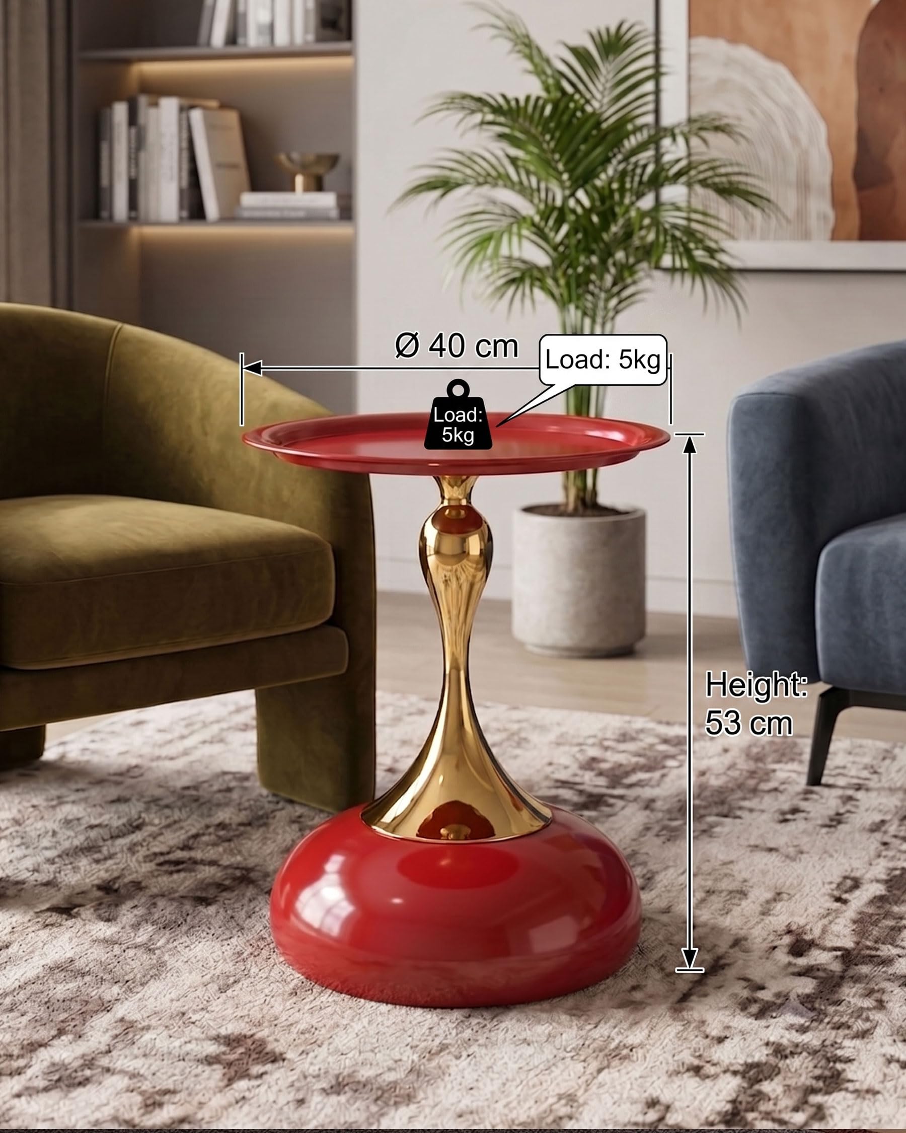 Juego de 2 Mesa Auxiliar de Metal para Interior y Exterior Pequeña Mesa de Centro y Sofá Redonda Moderna de Diseño Mesitas Auxiliares Rojo y Oro, 40x53 cm
