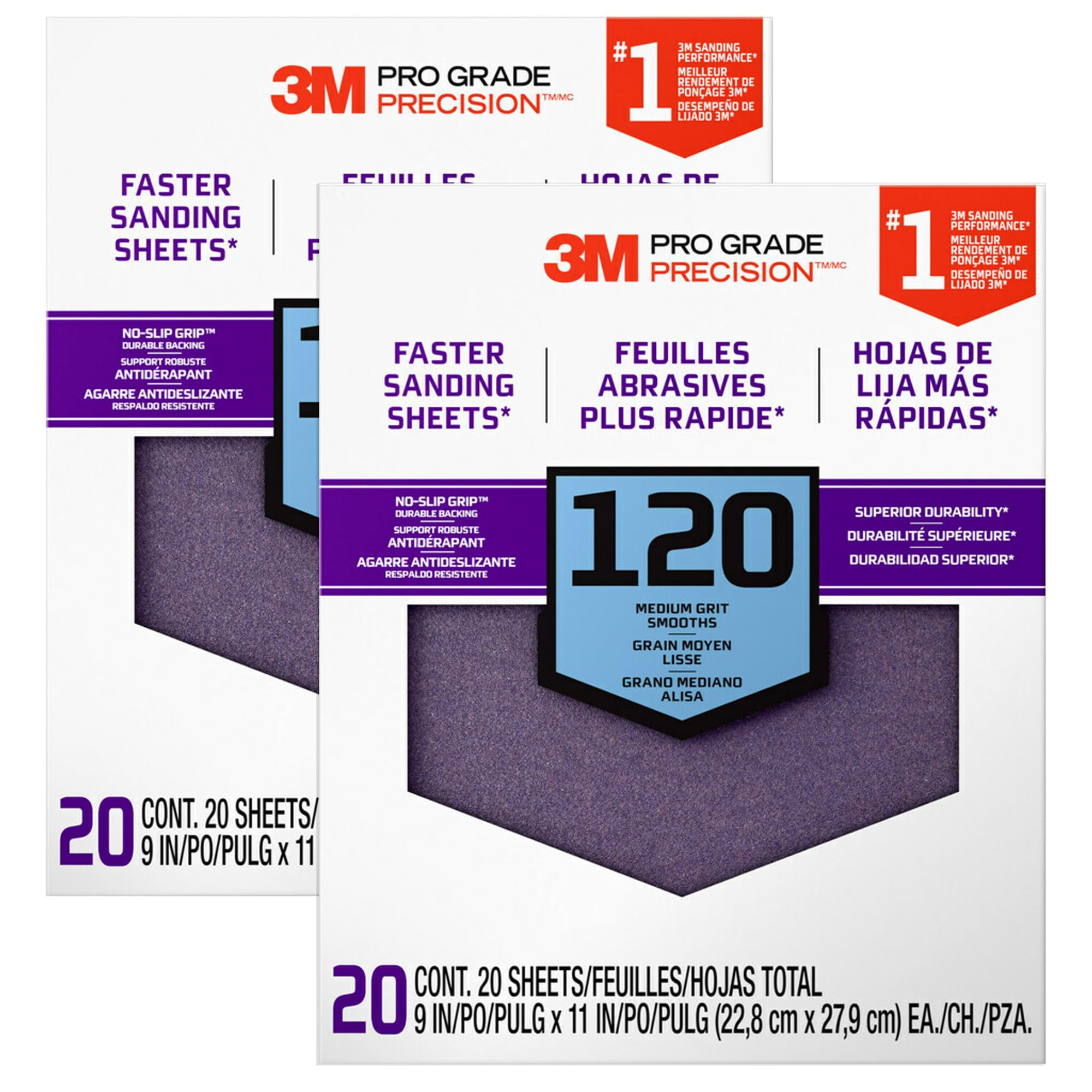 3M Pro Grade No-Slip Grip Advanced Sandpaper, 120 Grit, 9" x 11" Sheets - 20-Pack for Wood, Metal, and Paint Surfaces, 2-Pack