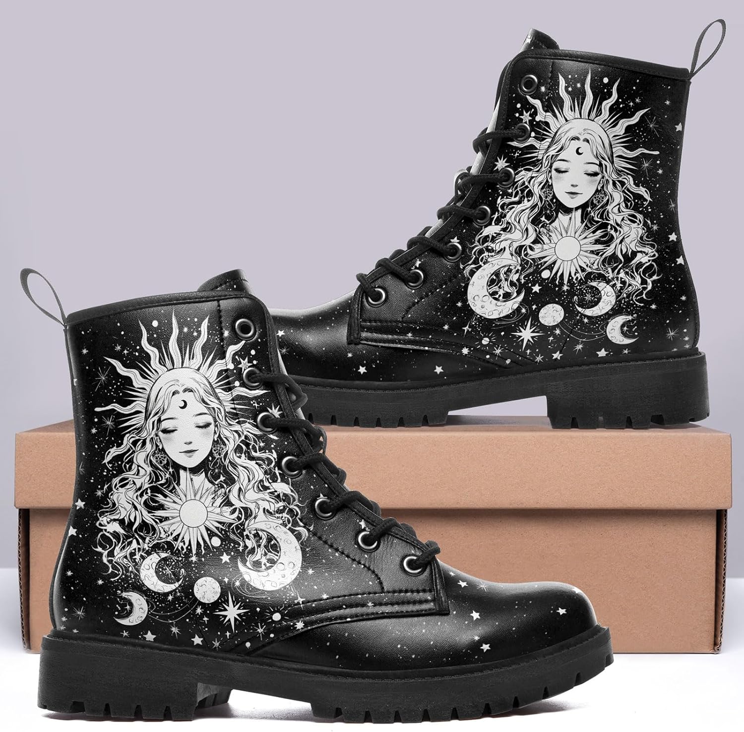 Sun and Moon Fashion Women's Ankle Boots Men's Platform Lace-up Leather Combat Booties Gift Winter Fall Dress Boots