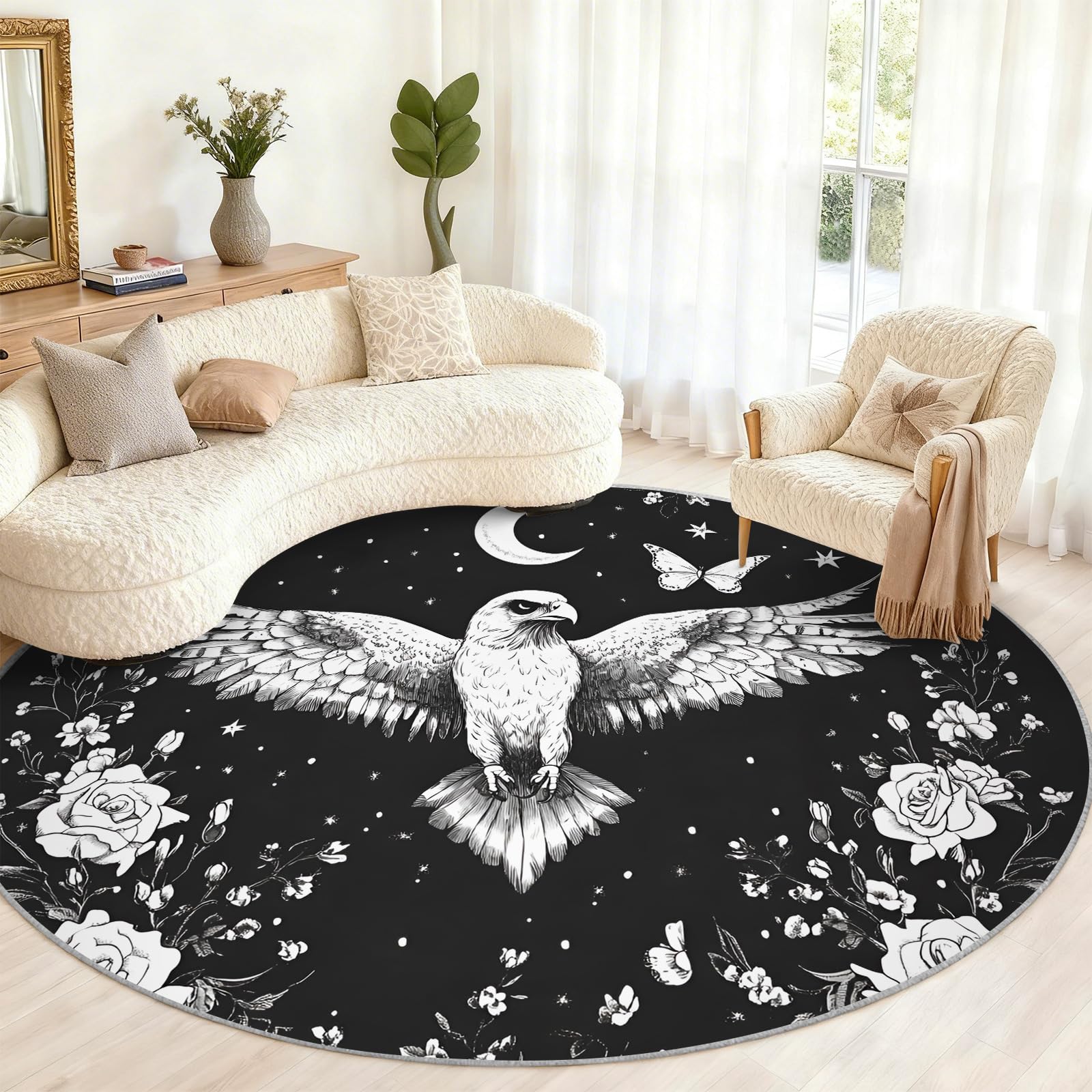 Grand tapis rond motif floral bohème 240 cm lavable en machine pour chambre et salle à manger